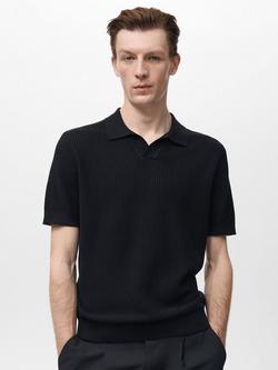 Mango Cotton Ribbed Knit Short Sleeve Polo Shirt, Black