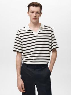 Mango Saturno Cotton Blend Regular Fit Striped Open Neck Polo Shirt, Natural White/Black, Natural White/Black