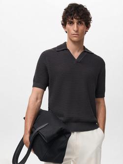 Mango Splash Crochet Short Sleeve Polo Shirt, Charcoal, Charcoal