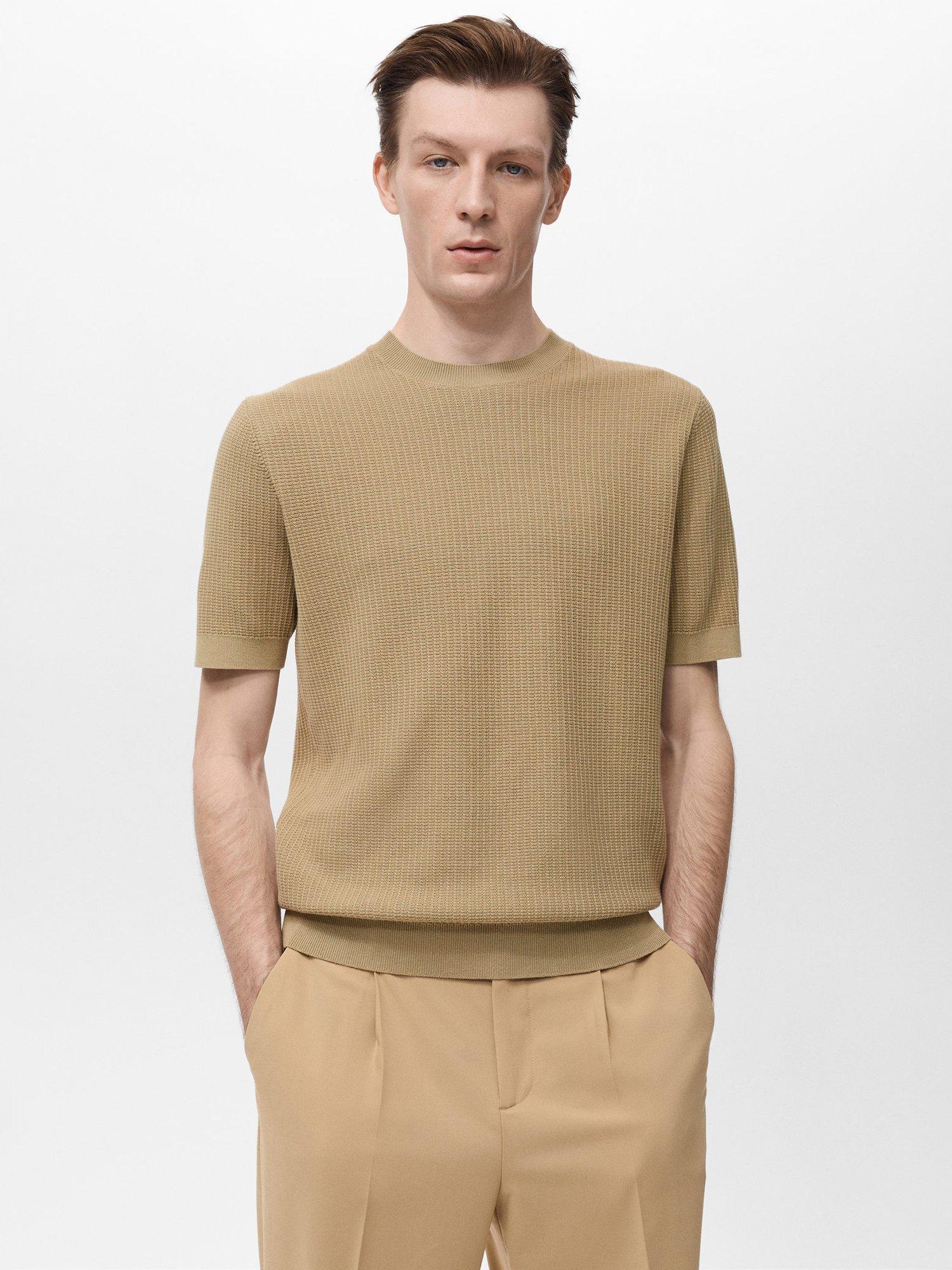 Product image 1 of 8, which shows Mango Fluid Cotton Knitted T-Shirt, Light Beige, L