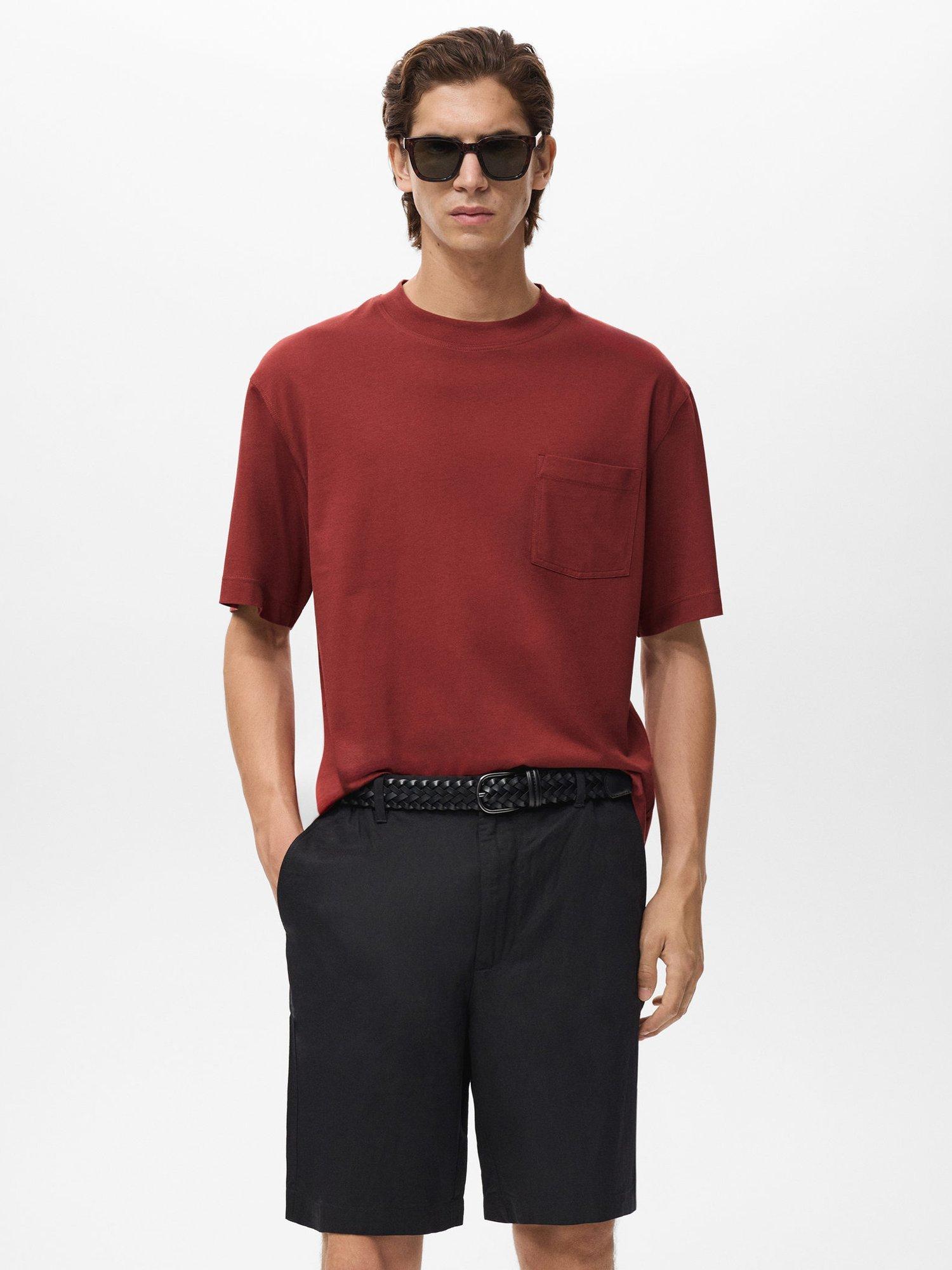 Product image 1 of 8, which shows Mango Single Cotton Boxy Fit T-Shirt, Dark Red, S
