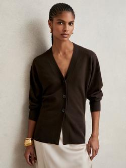 Reiss Tyla Fitted Waist Fine Wool Blend Buttoned Cardigan, Chocolate