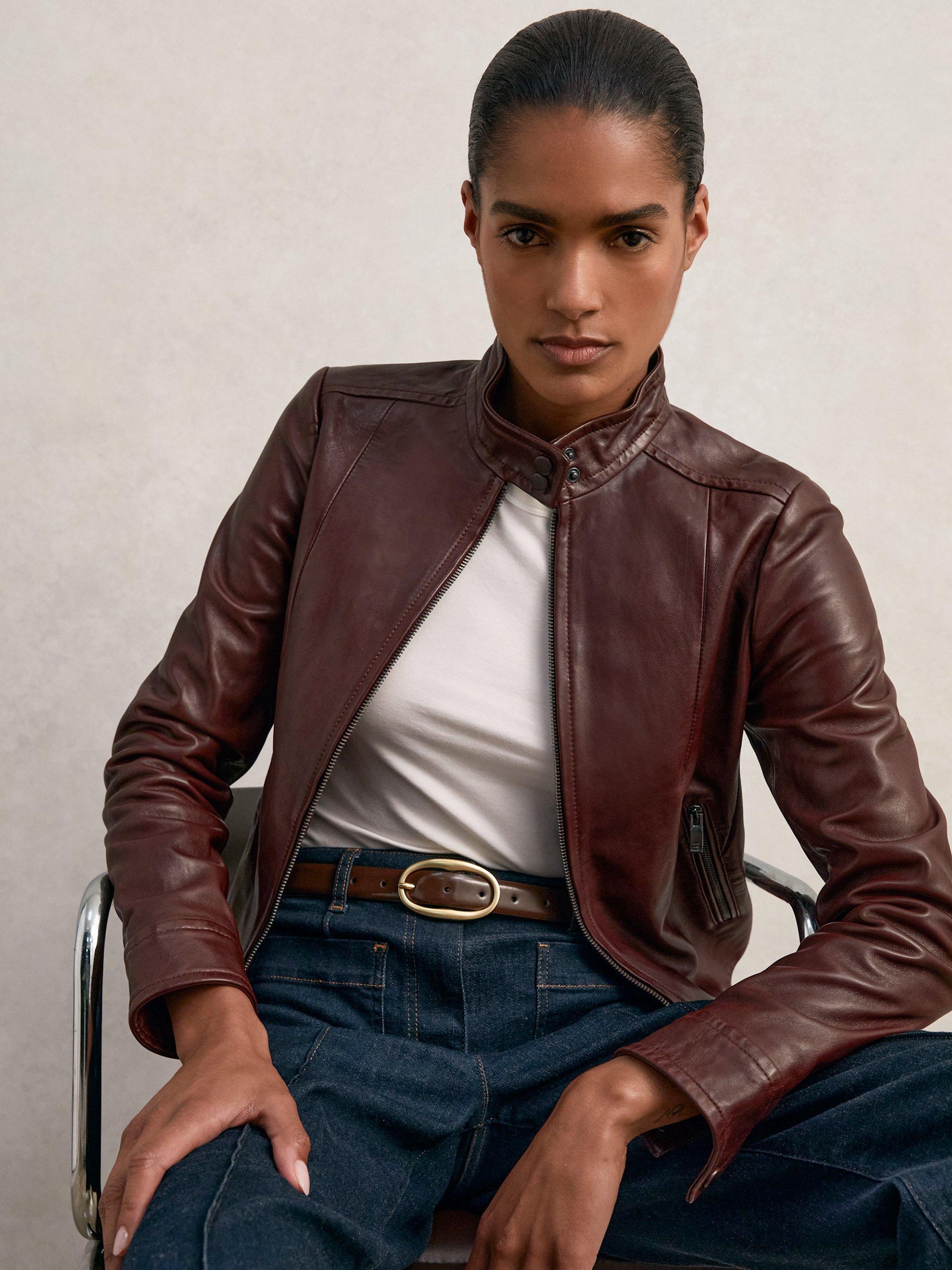 Product image 1 of 5, which shows Reiss Astra Fitted Pure Leather Jacket, Burgundy, 14