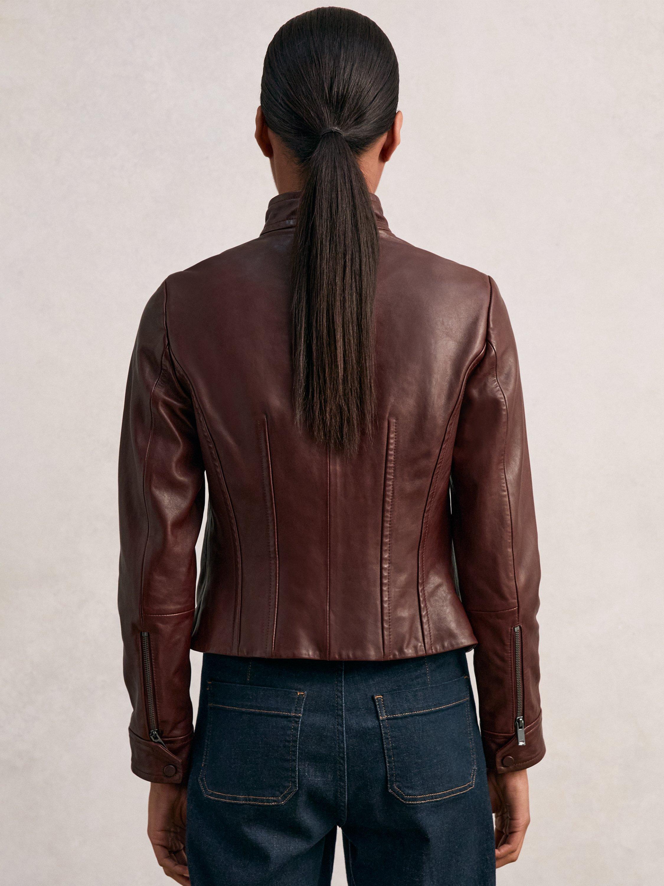 Product image 2 of 5, which shows Reiss Astra Fitted Pure Leather Jacket, Burgundy, 14