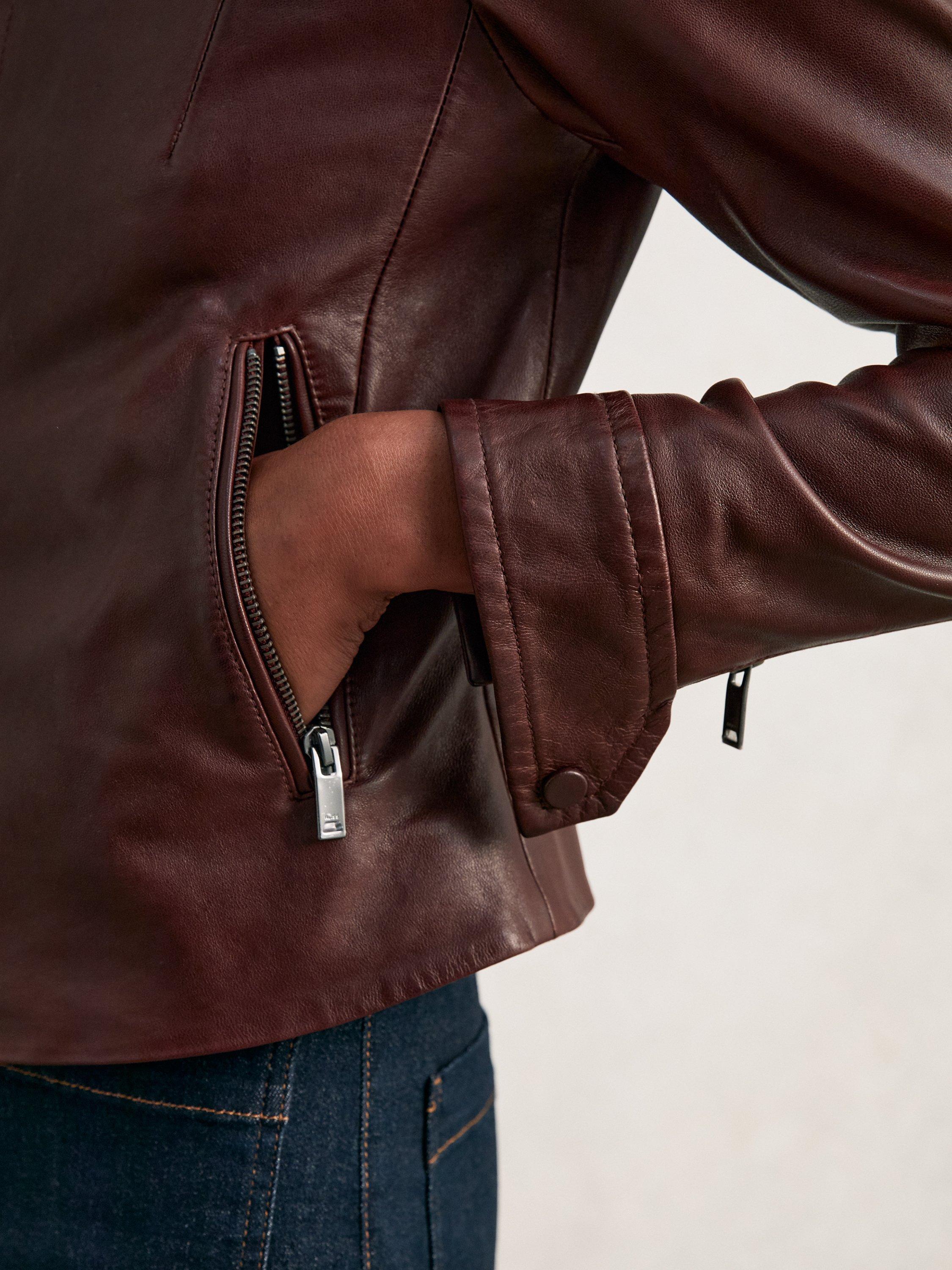 Product image 4 of 5, which shows Reiss Astra Fitted Pure Leather Jacket, Burgundy, 14