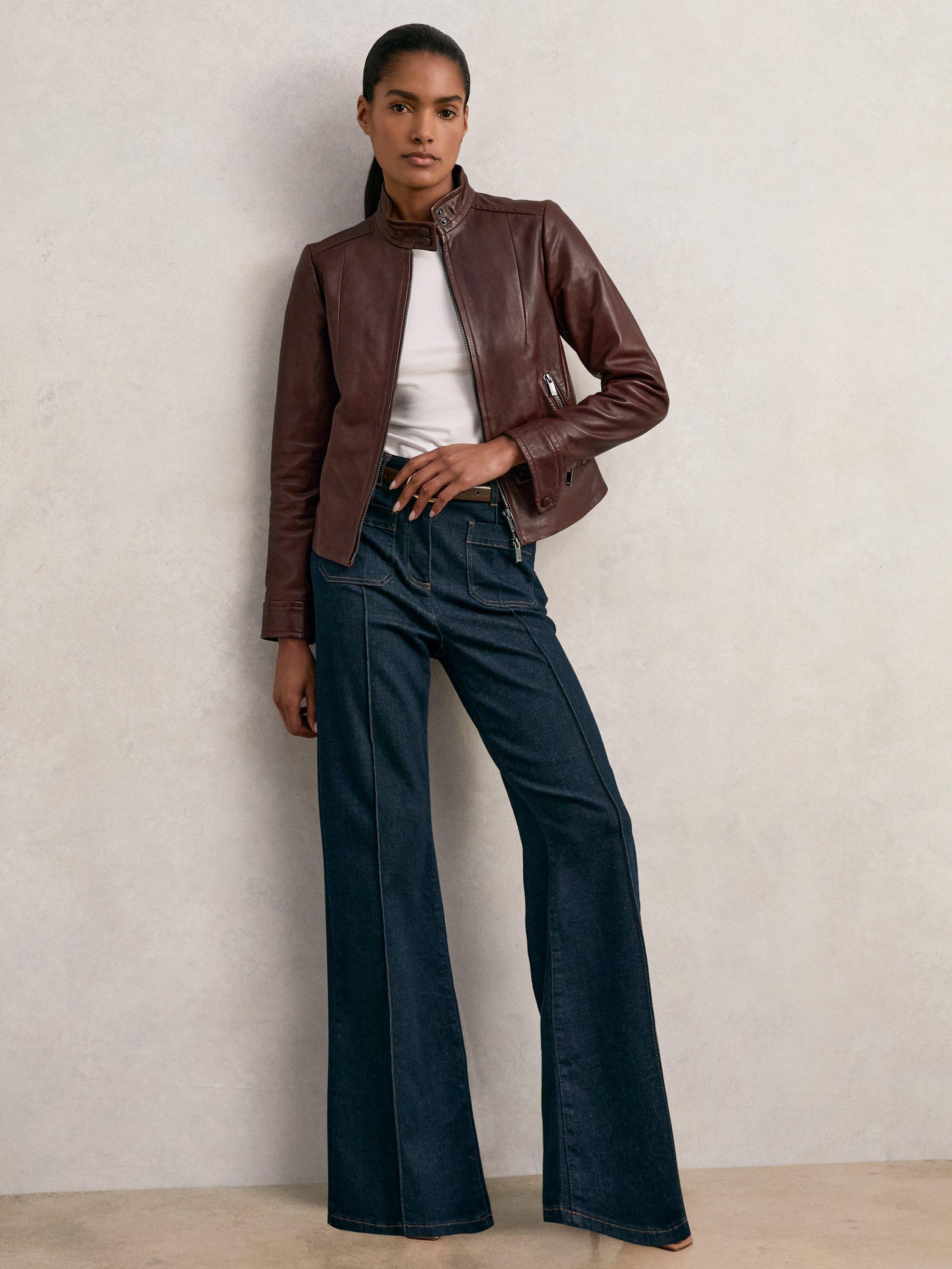 Product image 5 of 5, which shows Reiss Astra Fitted Pure Leather Jacket, Burgundy, 14