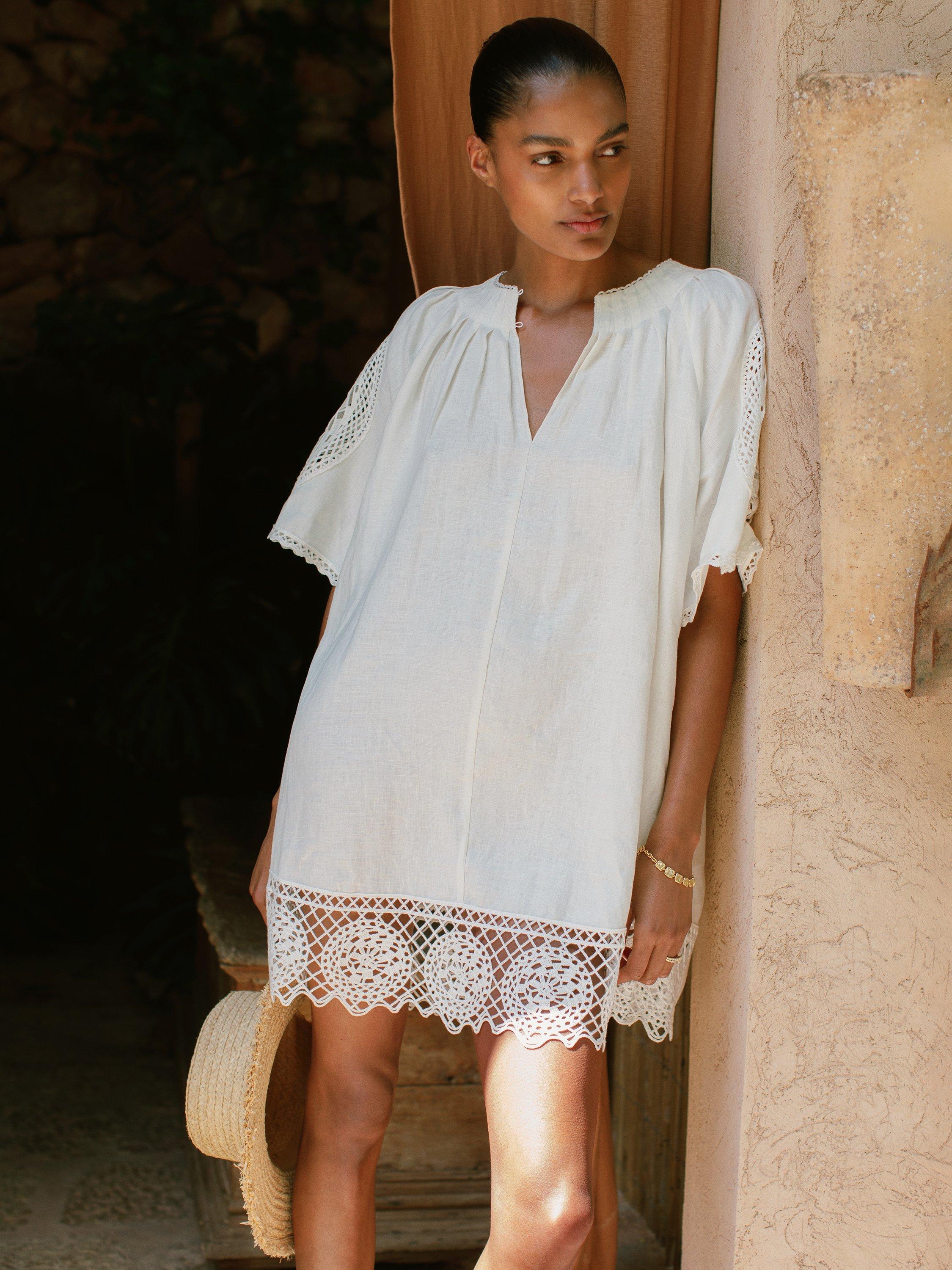 Reiss Carina Embroidered Pure Linen Shift Dress, Ivory