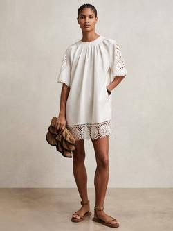 Reiss Carina Embroidered Pure Linen Shift Dress, Ivory - view 2, Ivory