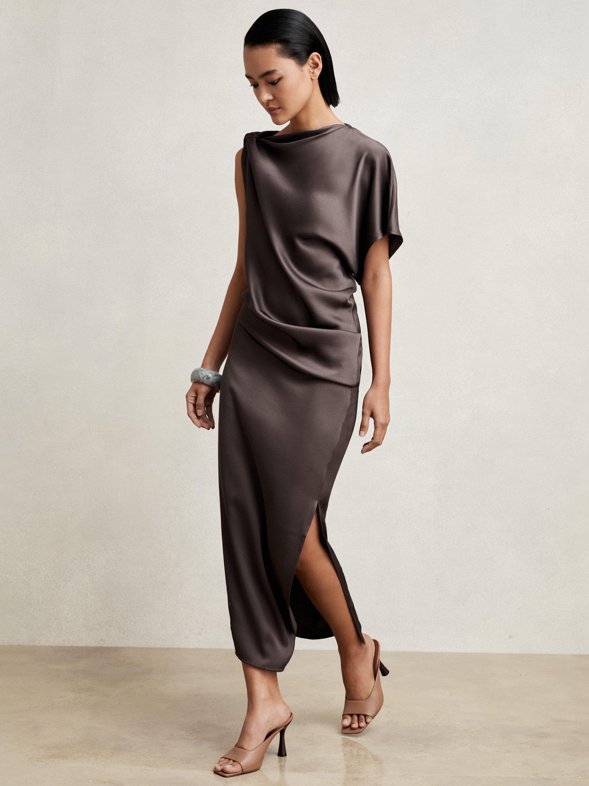 Product image 2 of 5, which shows Reiss Kenzie Drape Midi Dress, Mauve, 6
