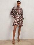 Reiss Lora Palm Flippy Dress, Burgundy/Cream