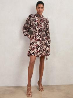 Reiss Lora Palm Flippy Dress, Burgundy/Cream, Burgundy/Cream