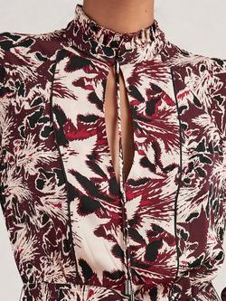 Reiss Lora Palm Flippy Dress, Burgundy/Cream - view 2, Burgundy/Cream