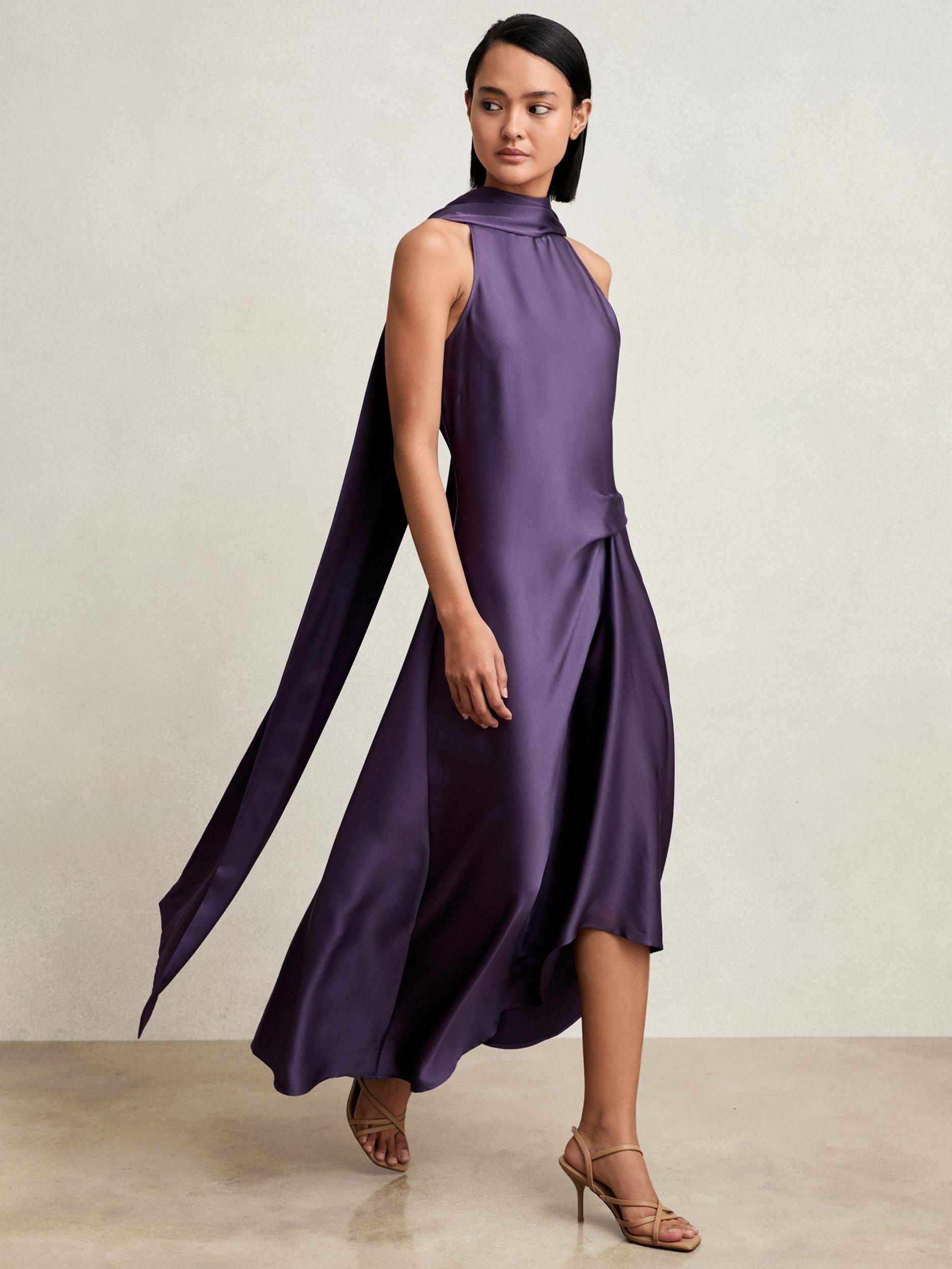 Product image 1 of 5, which shows Reiss Michelle Drape Midi Dress, Purple, 6
