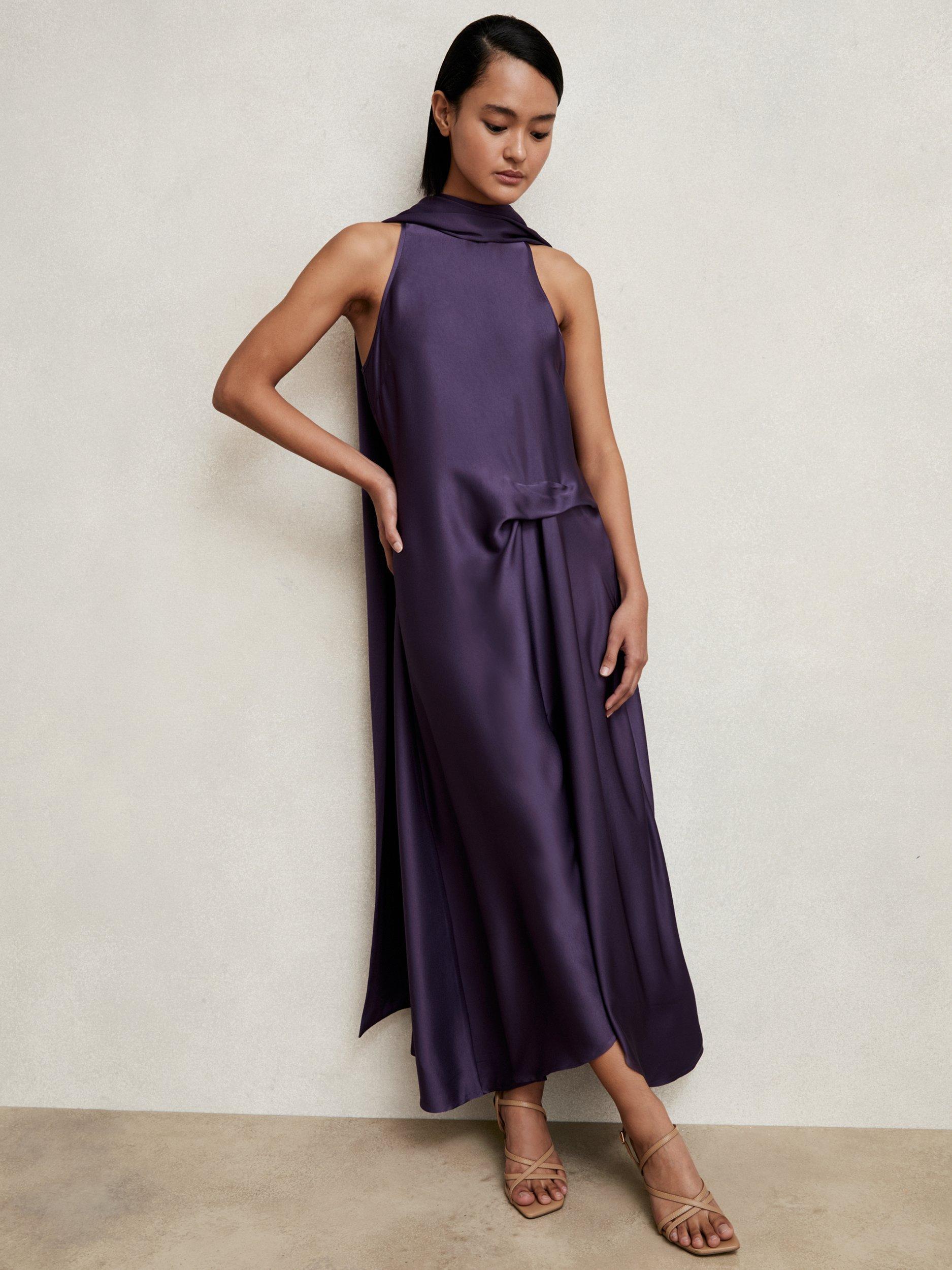 Product image 4 of 5, which shows Reiss Michelle Drape Midi Dress, Purple, 6