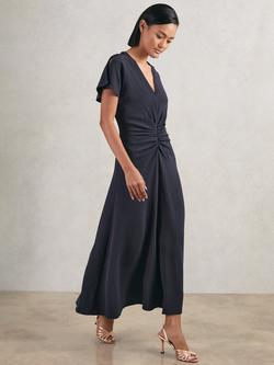 Reiss Ruched Front A-Line Workwear Midi Dress, Navy