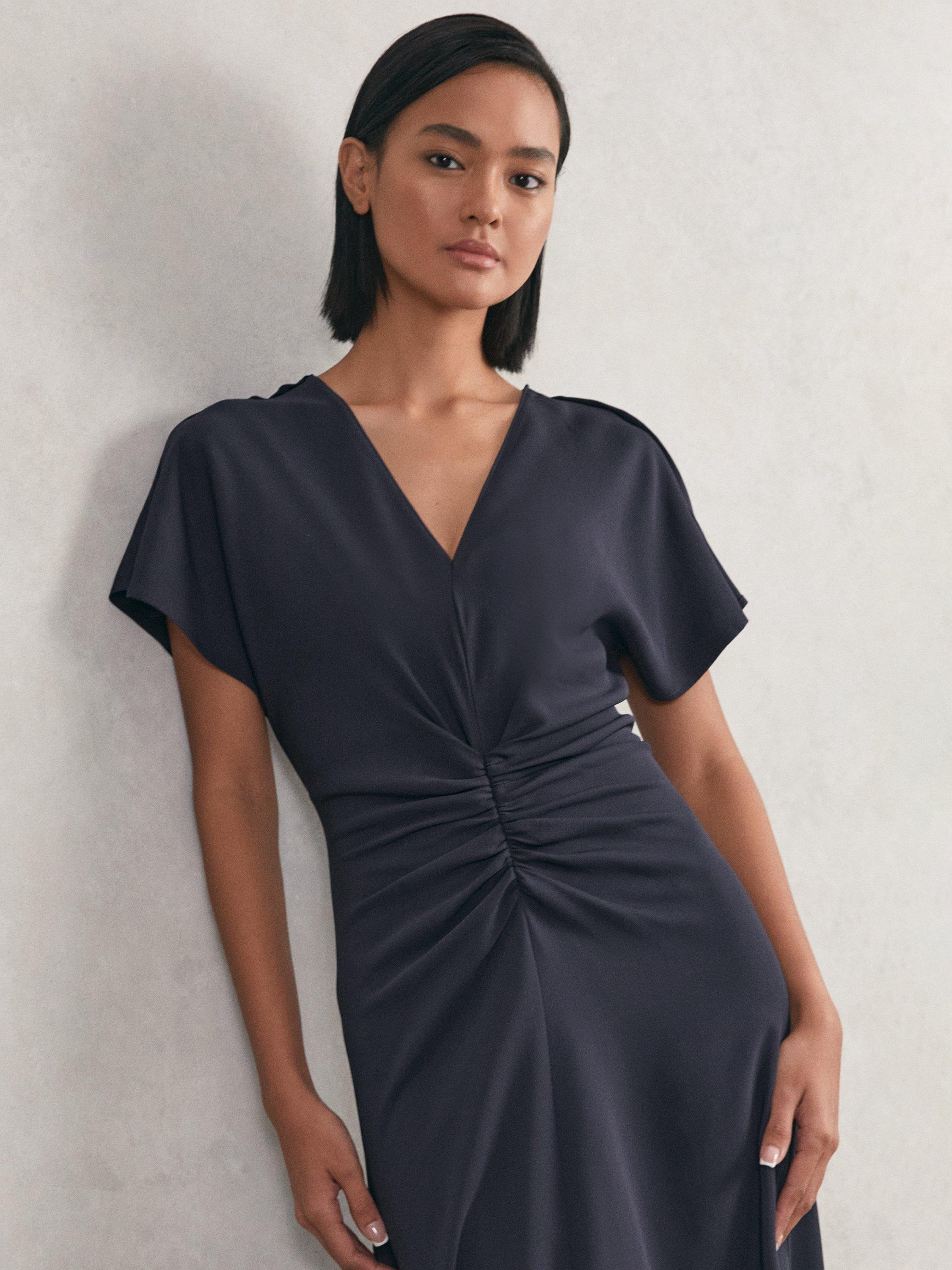Product image 4 of 5, which shows Reiss Ruched Front A-Line Workwear Midi Dress, Navy, 6