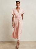 Reiss Ruched Front A-Line Workwear Midi Dress, Pale Pink