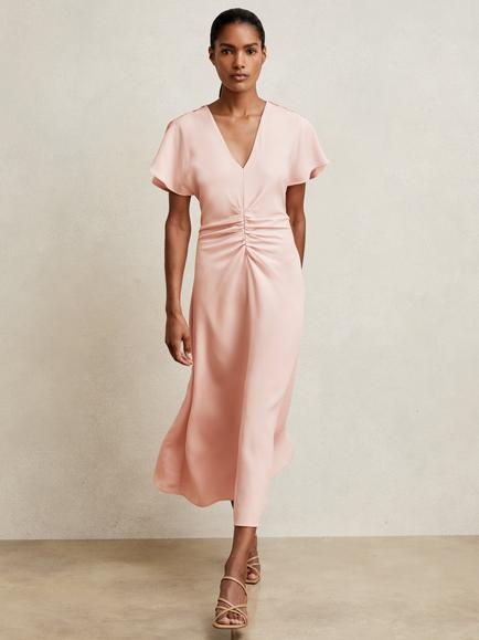 Reiss Ruched Front A-Line Workwear Midi Dress, Pale Pink