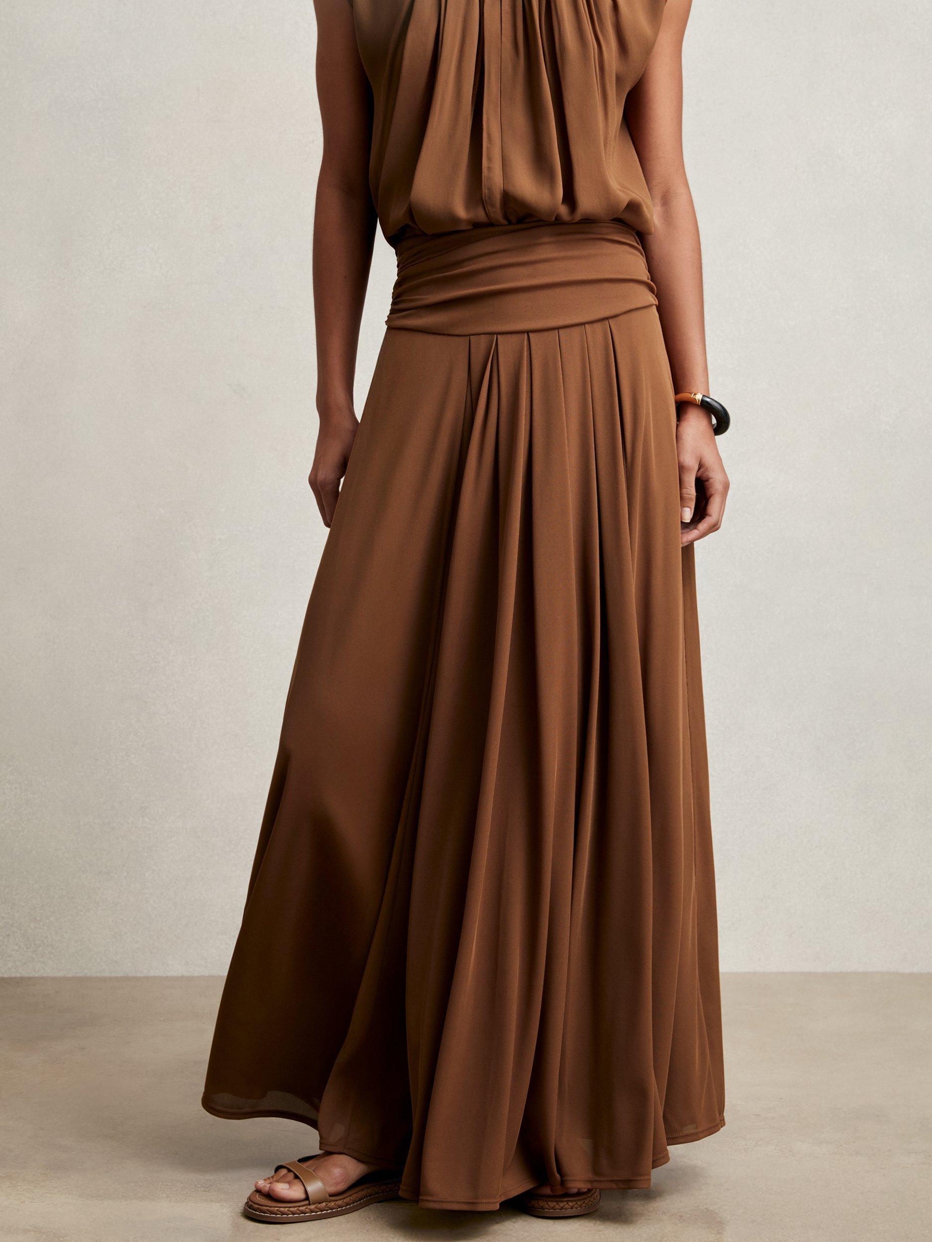 Product image 4 of 11, which shows Reiss Saffron Jersey A-Line Maxi Skirt, Tan Brown, 8
