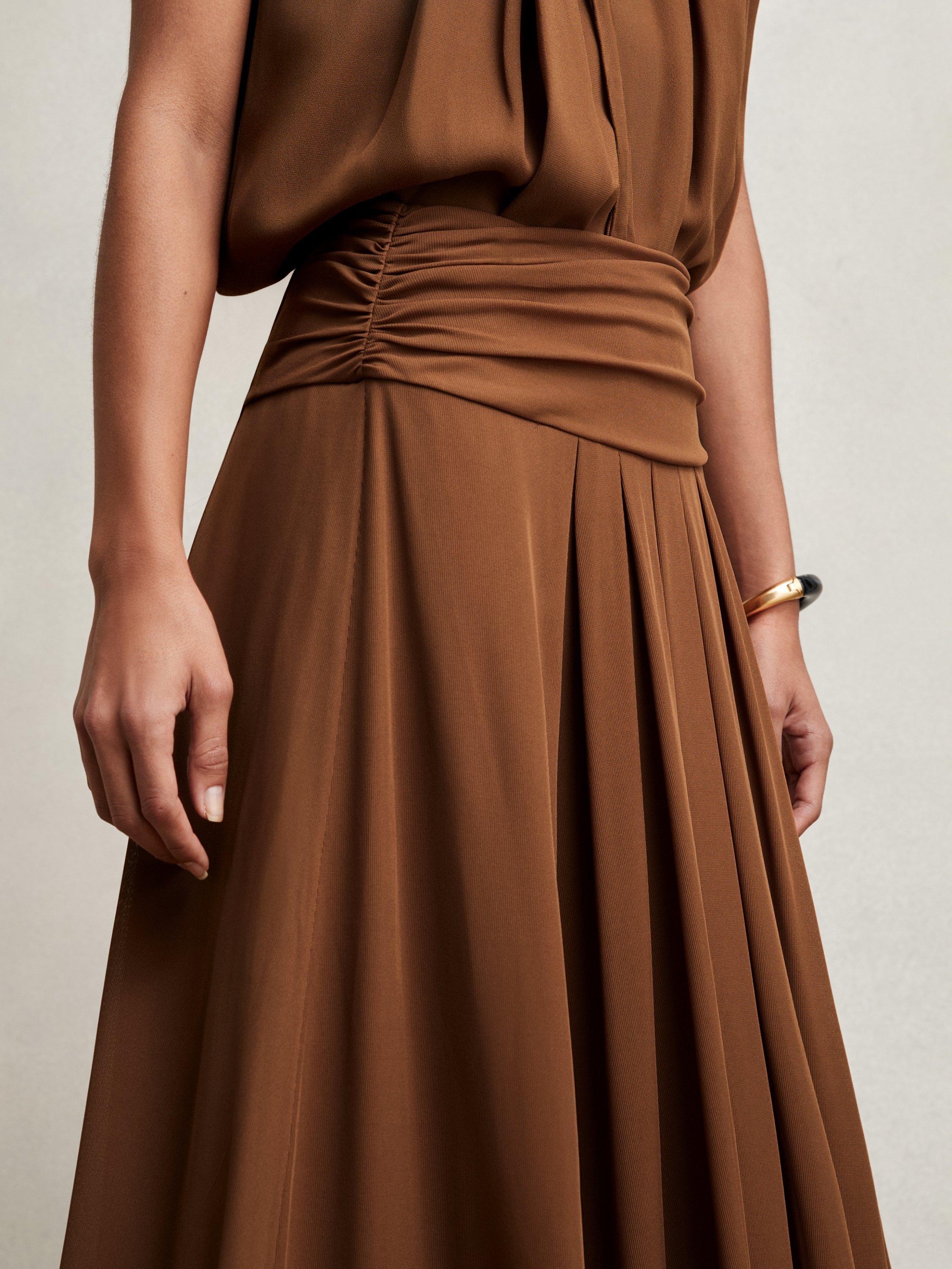 Product image 5 of 11, which shows Reiss Saffron Jersey A-Line Maxi Skirt, Tan Brown, 8