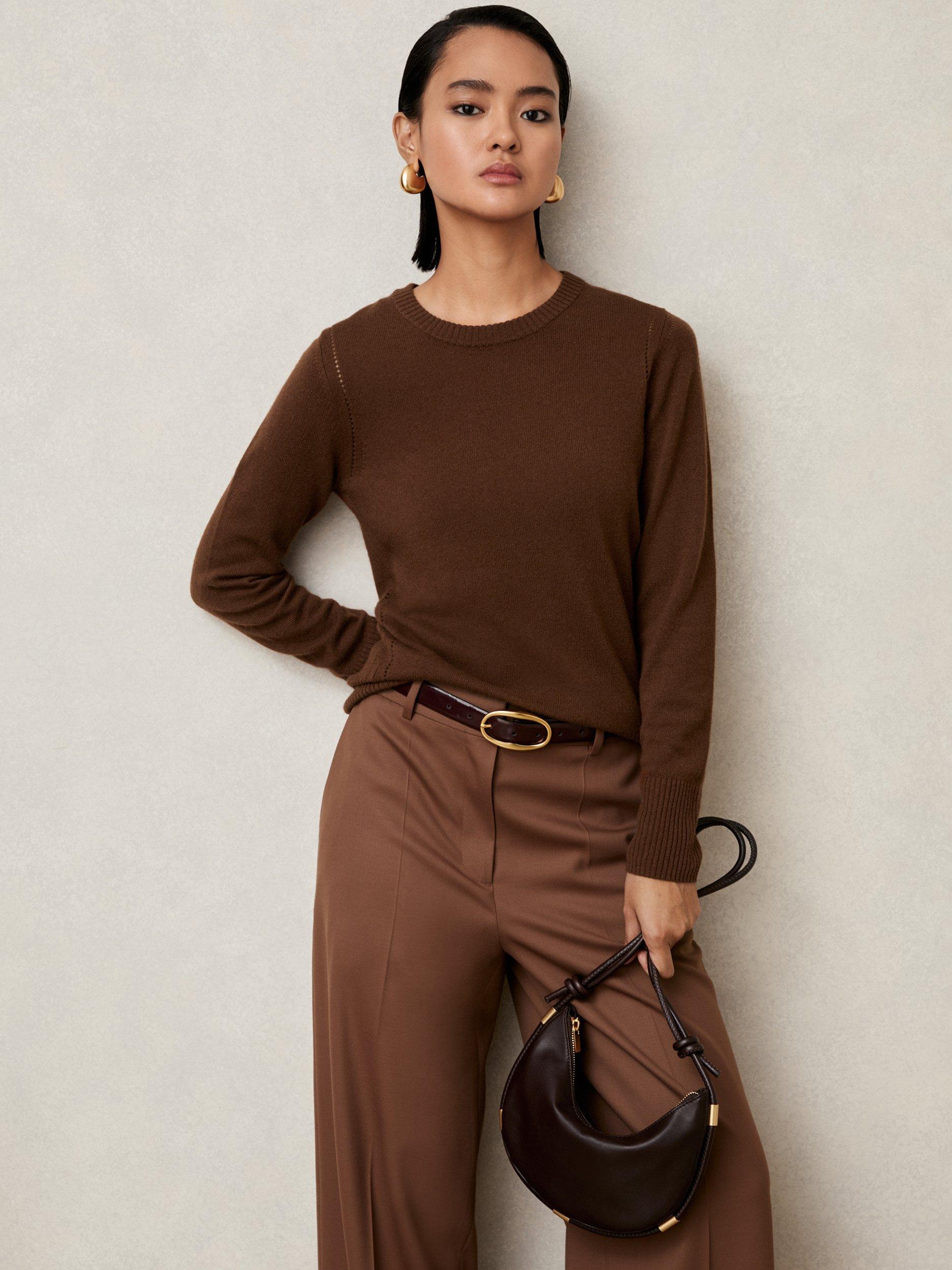 Product image 1 of 5, which shows Reiss Anya Crew Neck Wool Blend Jumper, Toffee Brown, M