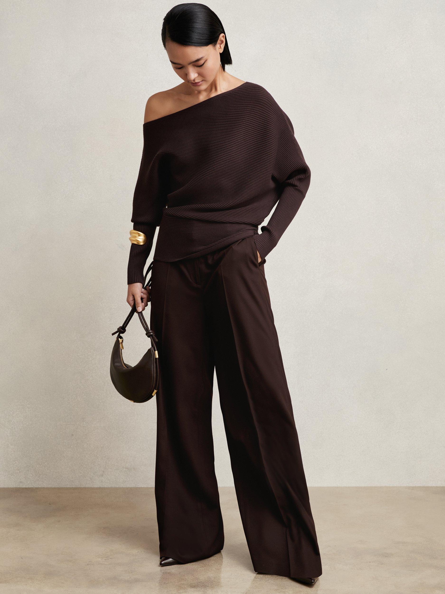 Product image 5 of 5, which shows Reiss Lorna Drape Knit Top, Plum, XS