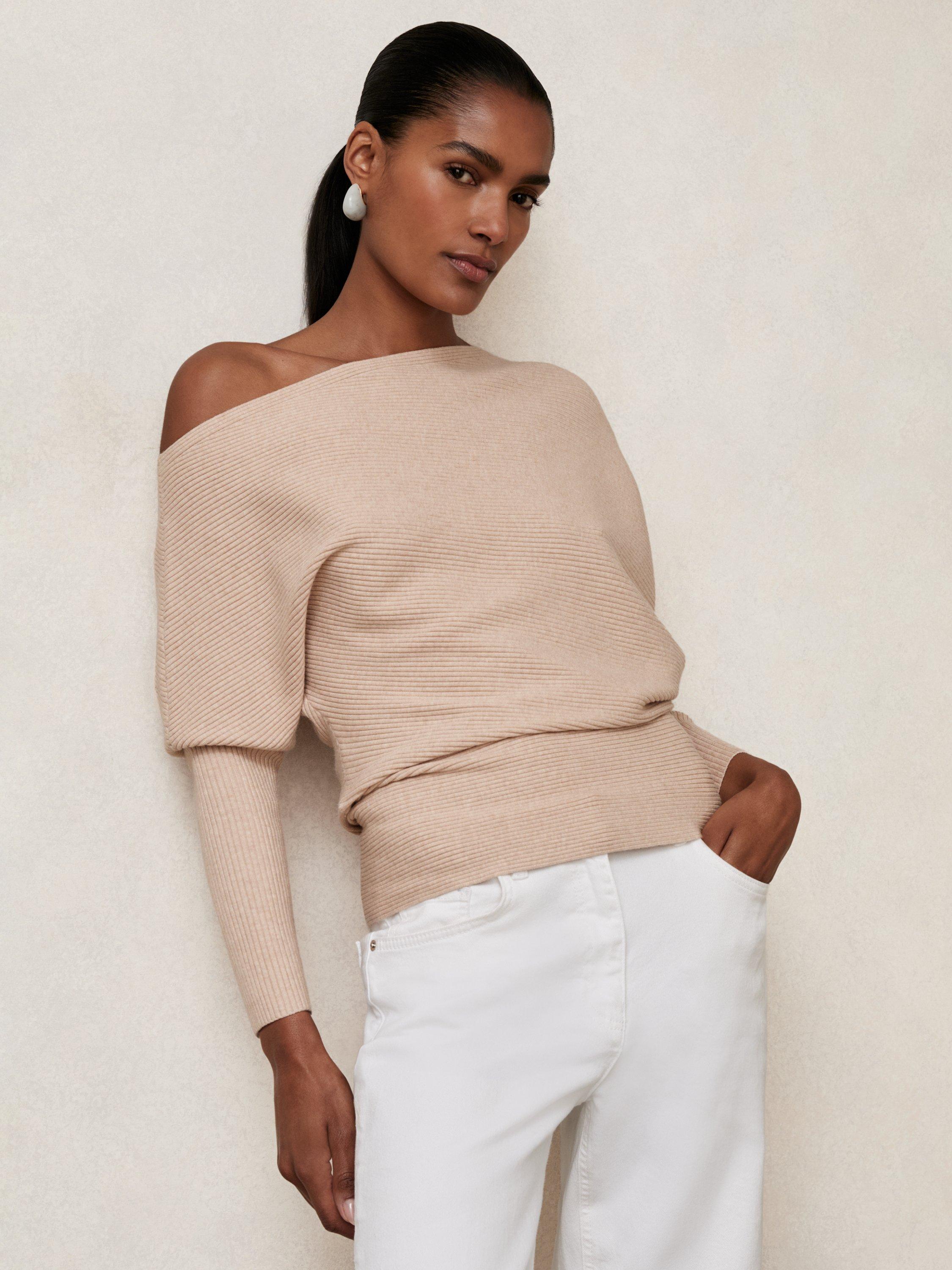 Product image 1 of 5, which shows Reiss Lorna Drape Asymmetric Neck Textured Knit Top, Oatmeal Neutral, XS