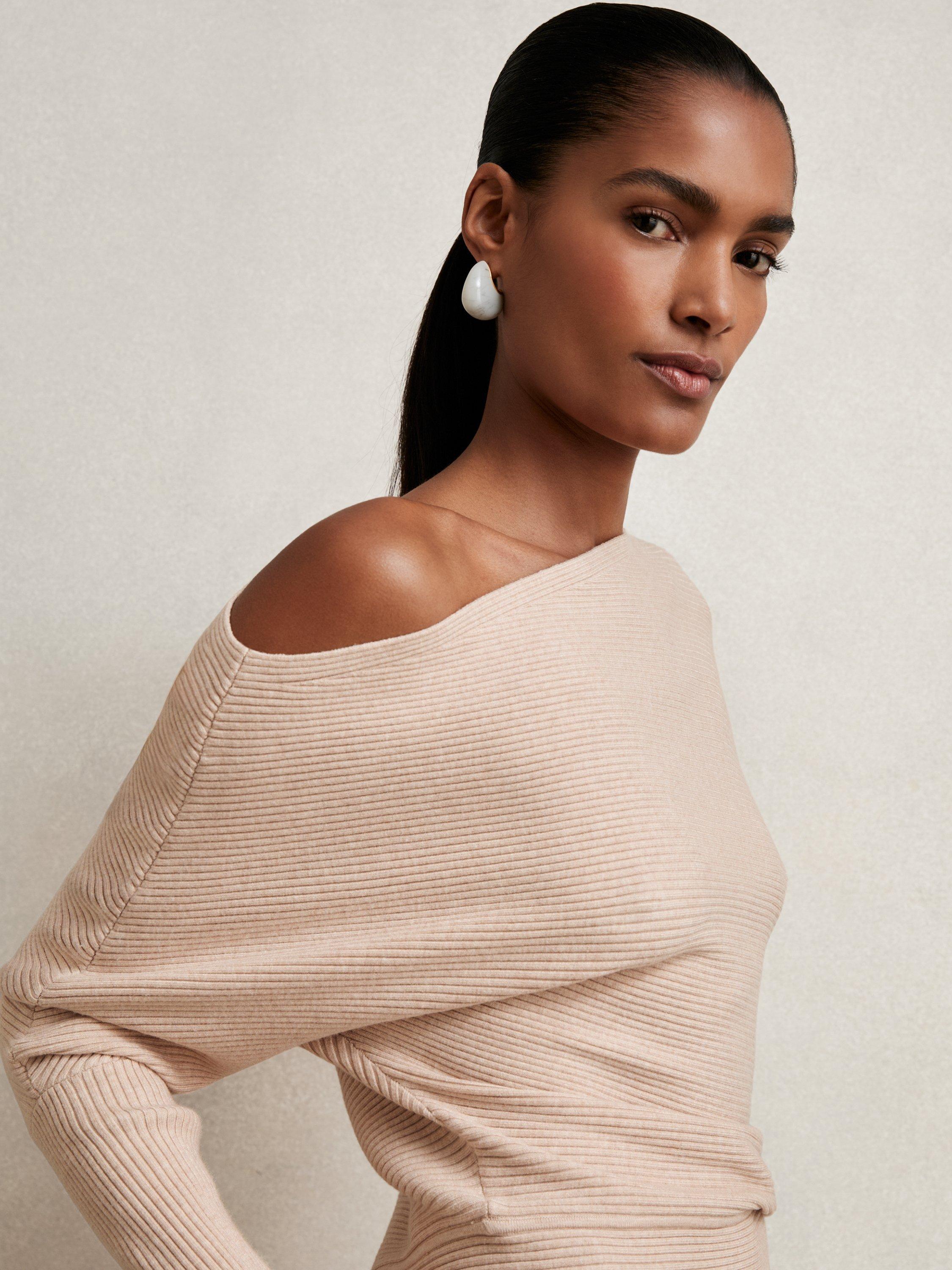 Product image 2 of 5, which shows Reiss Lorna Drape Asymmetric Neck Textured Knit Top, Oatmeal Neutral, XS