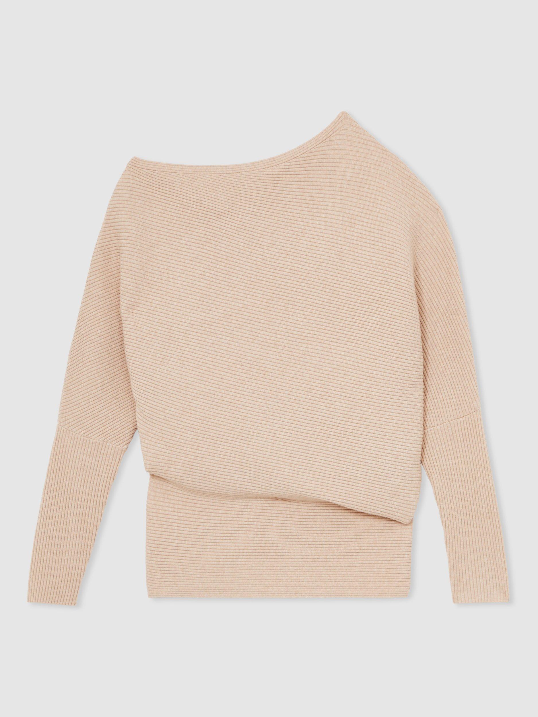 Product image 4 of 5, which shows Reiss Lorna Drape Asymmetric Neck Textured Knit Top, Oatmeal Neutral, XS