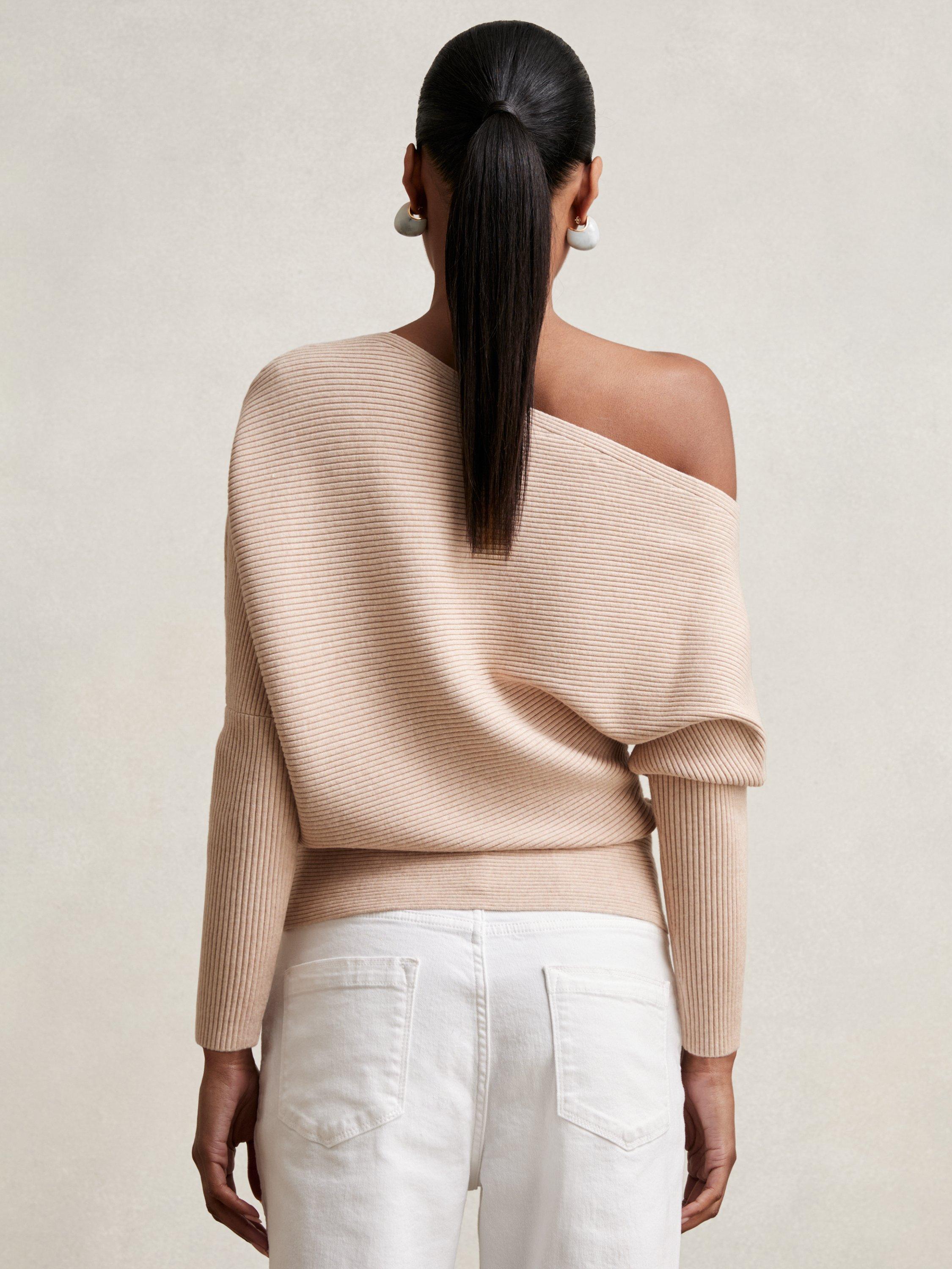 Product image 5 of 5, which shows Reiss Lorna Drape Asymmetric Neck Textured Knit Top, Oatmeal Neutral, XS