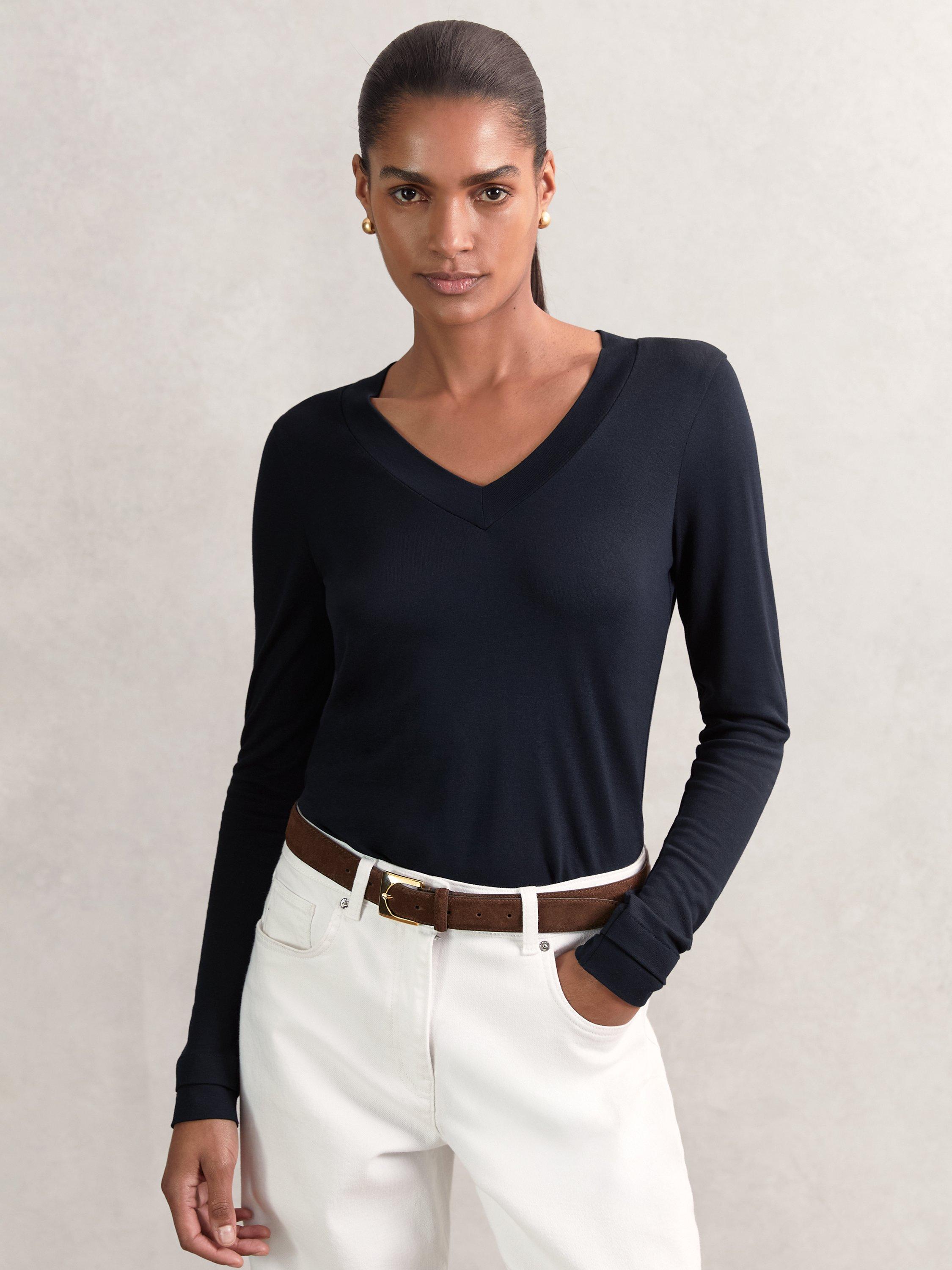 Product image 1 of 5, which shows Reiss Brady V-Neck Long Sleeve Top, Navy, S