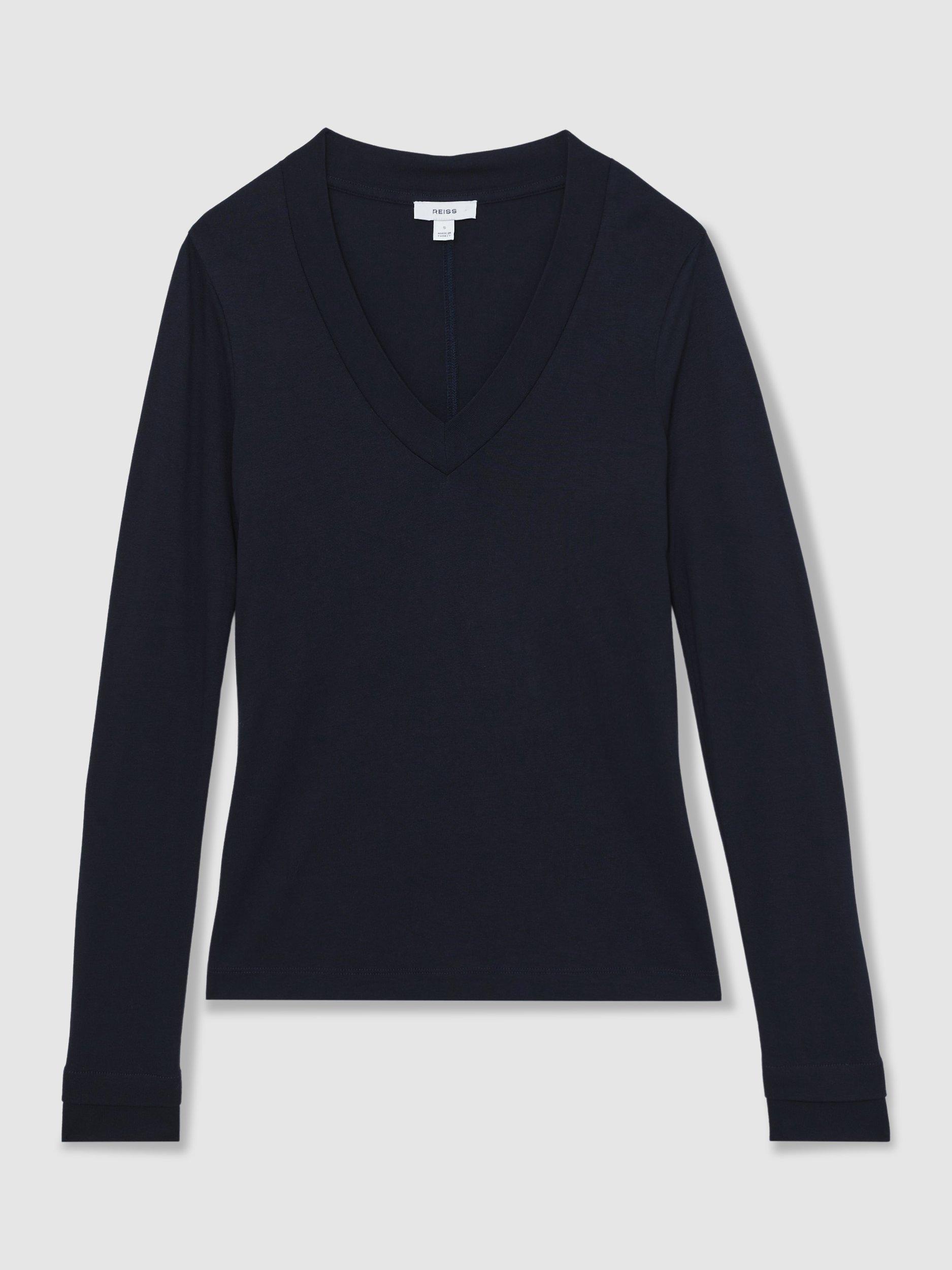 Product image 3 of 5, which shows Reiss Brady V-Neck Long Sleeve Top, Navy, S