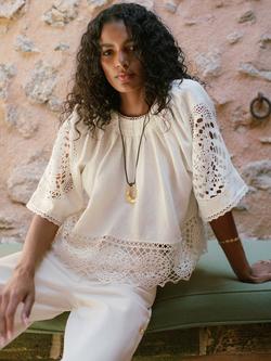 Reiss Carina Lace Embroidered Pure Linen Top, Ivory, Ivory