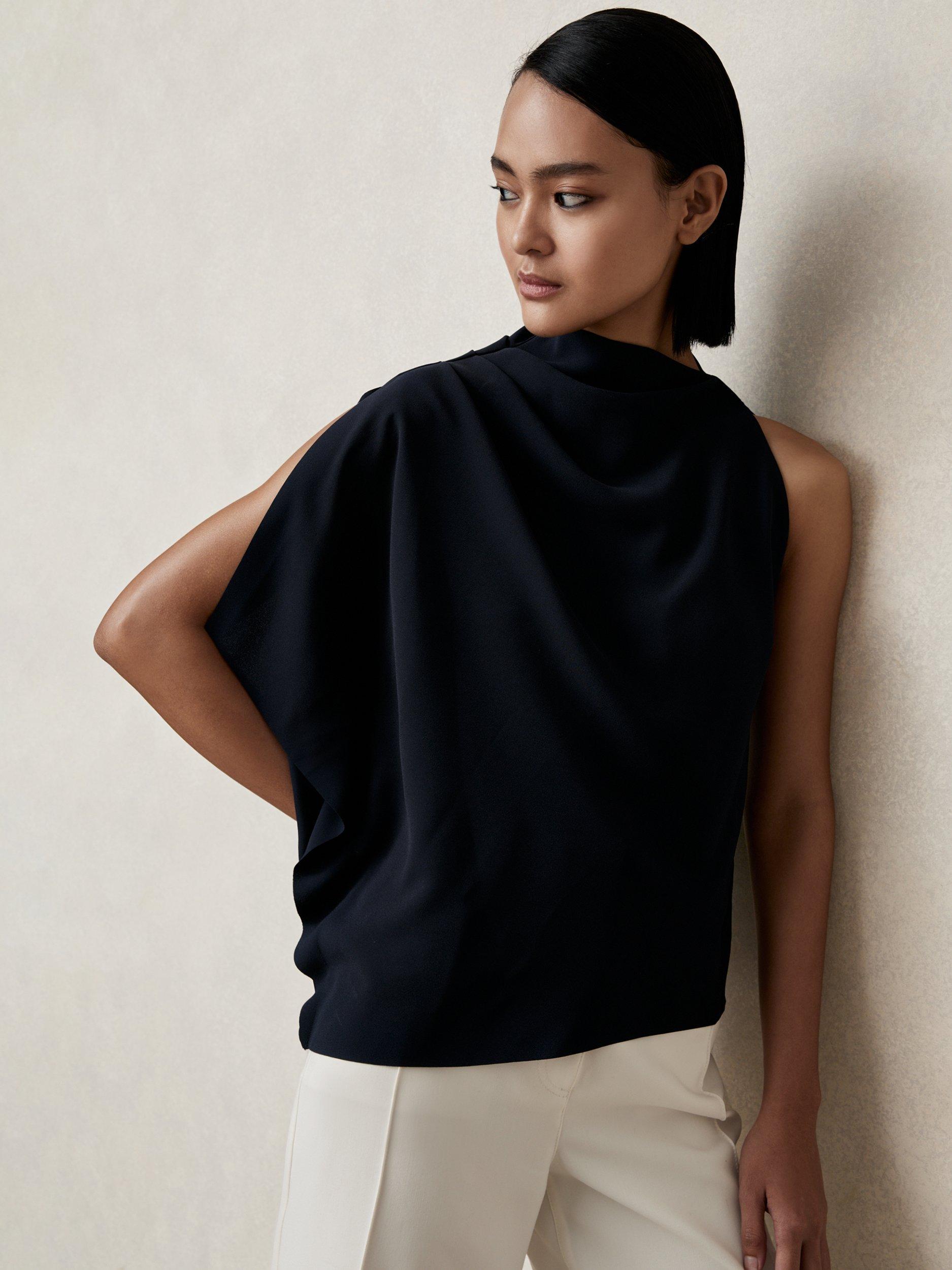 Product image 1 of 5, which shows Reiss Elle One Shoulder Drape Top, Navy, 10