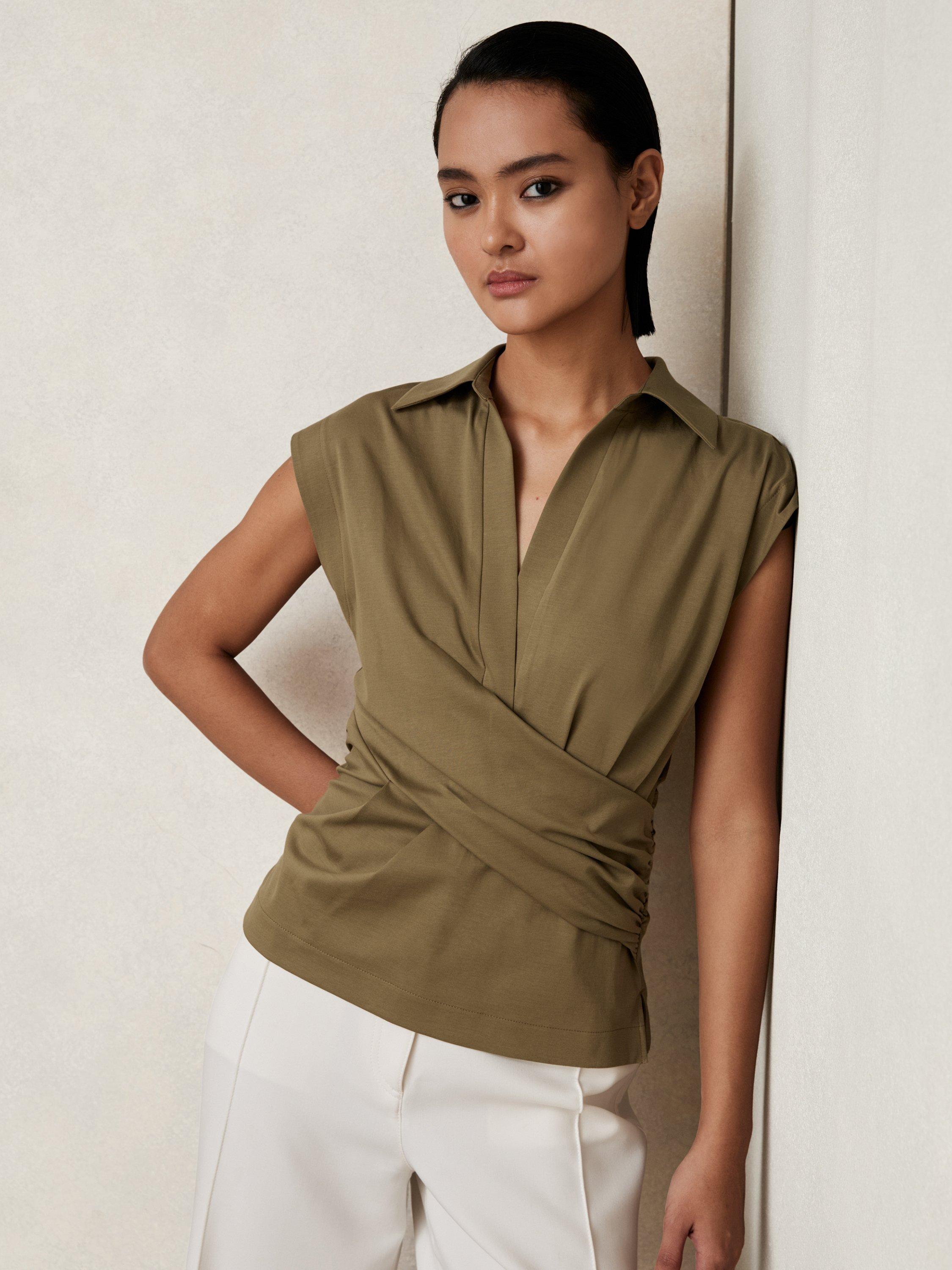 Product image 1 of 5, which shows Reiss Jean Wrap Front Top, Khaki Green, XS