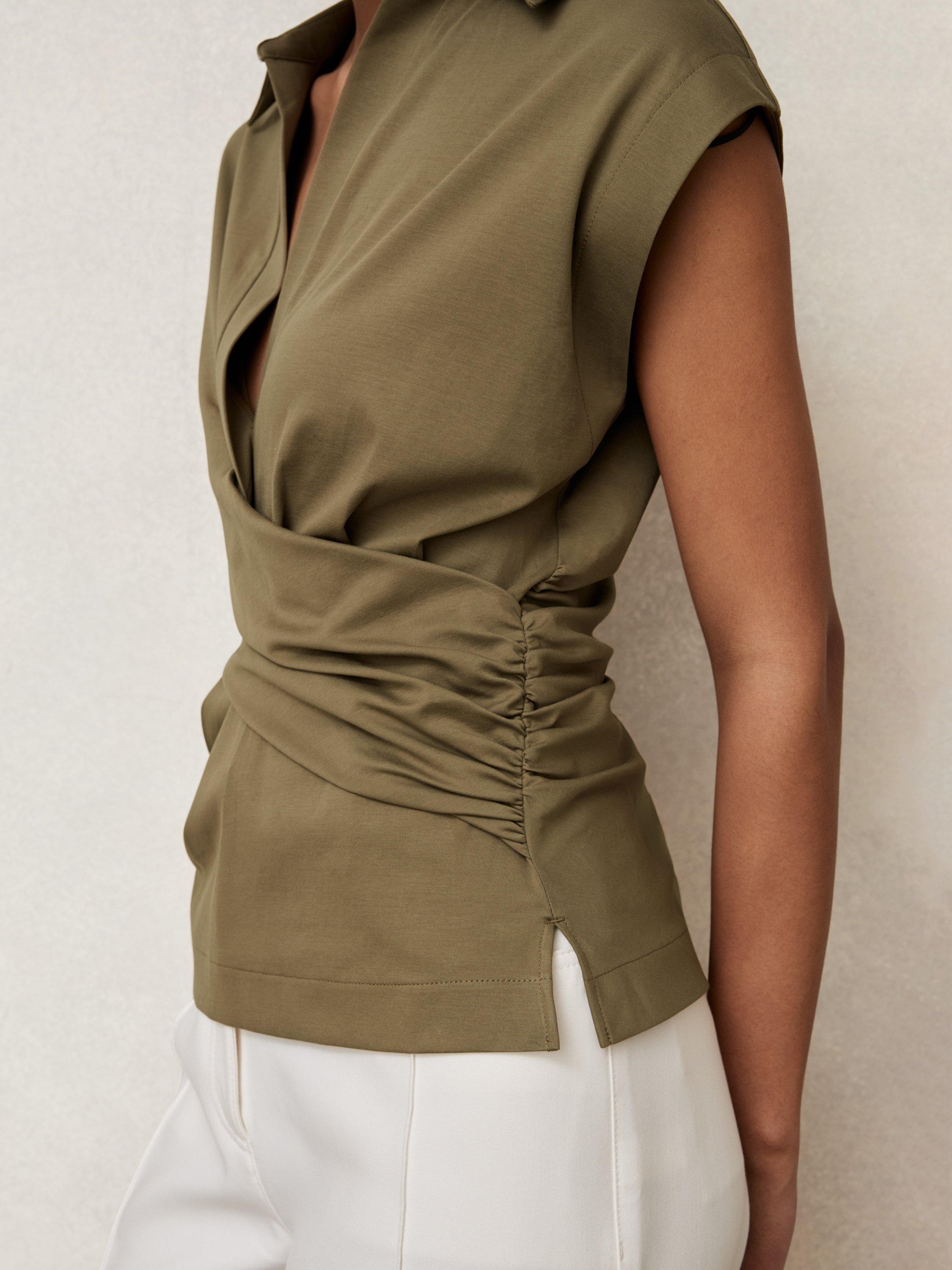 Product image 4 of 5, which shows Reiss Jean Wrap Front Top, Khaki Green, XS