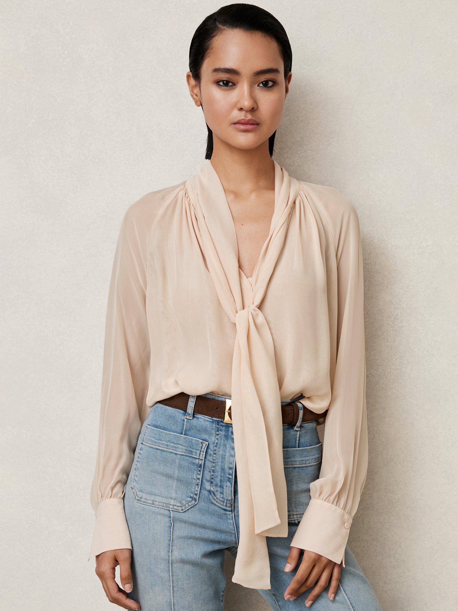 Product image 1 of 5, which shows Reiss Tie Neck Silk Blend Long Sleeve Blouse, Pale Pink, 6