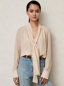 Reiss Tie Neck Silk Blend Long Sleeve Blouse, Pale Pink