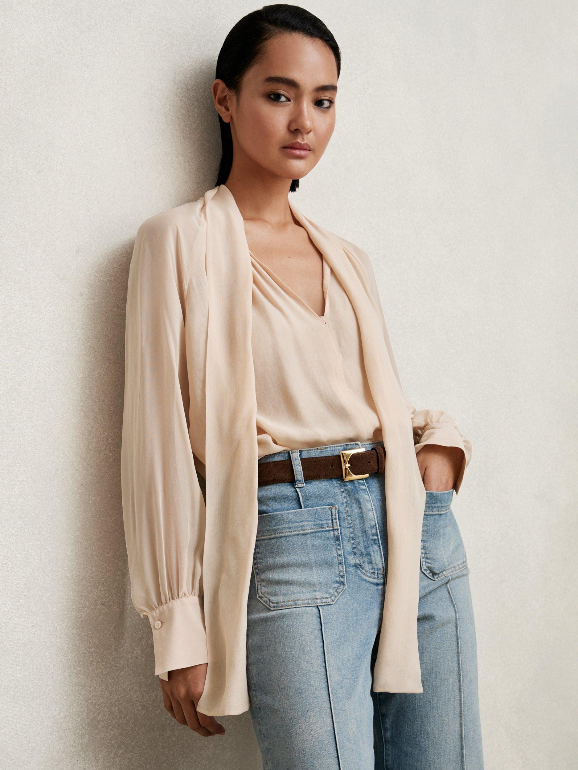 Product image 2 of 5, which shows Reiss Tie Neck Silk Blend Long Sleeve Blouse, Pale Pink, 6