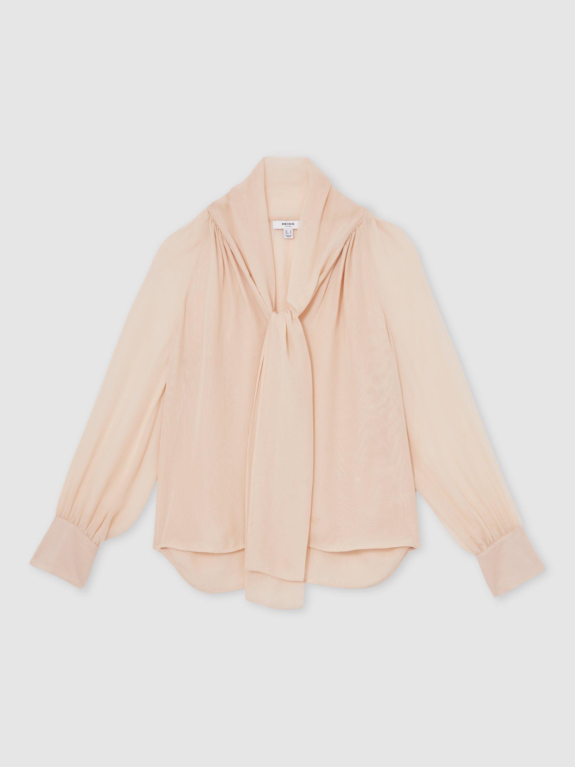 Product image 3 of 5, which shows Reiss Tie Neck Silk Blend Long Sleeve Blouse, Pale Pink, 6