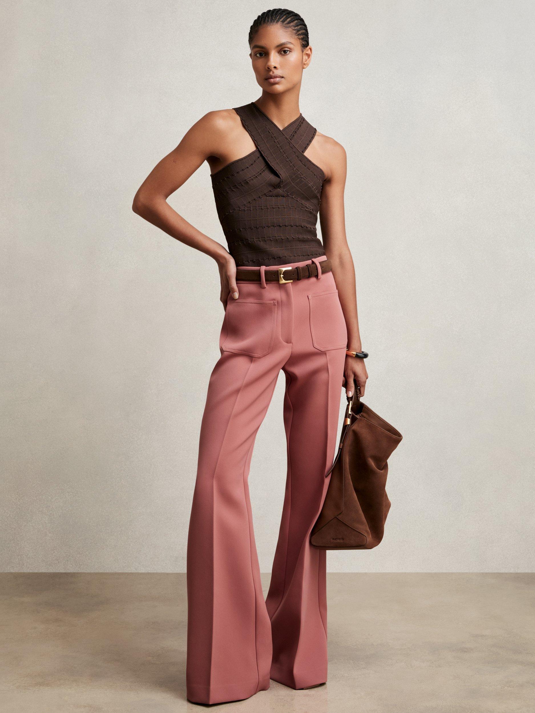 Product image 1 of 5, which shows Reiss Priya Tailored Mid Rise Flared Trousers, Pink, 14R