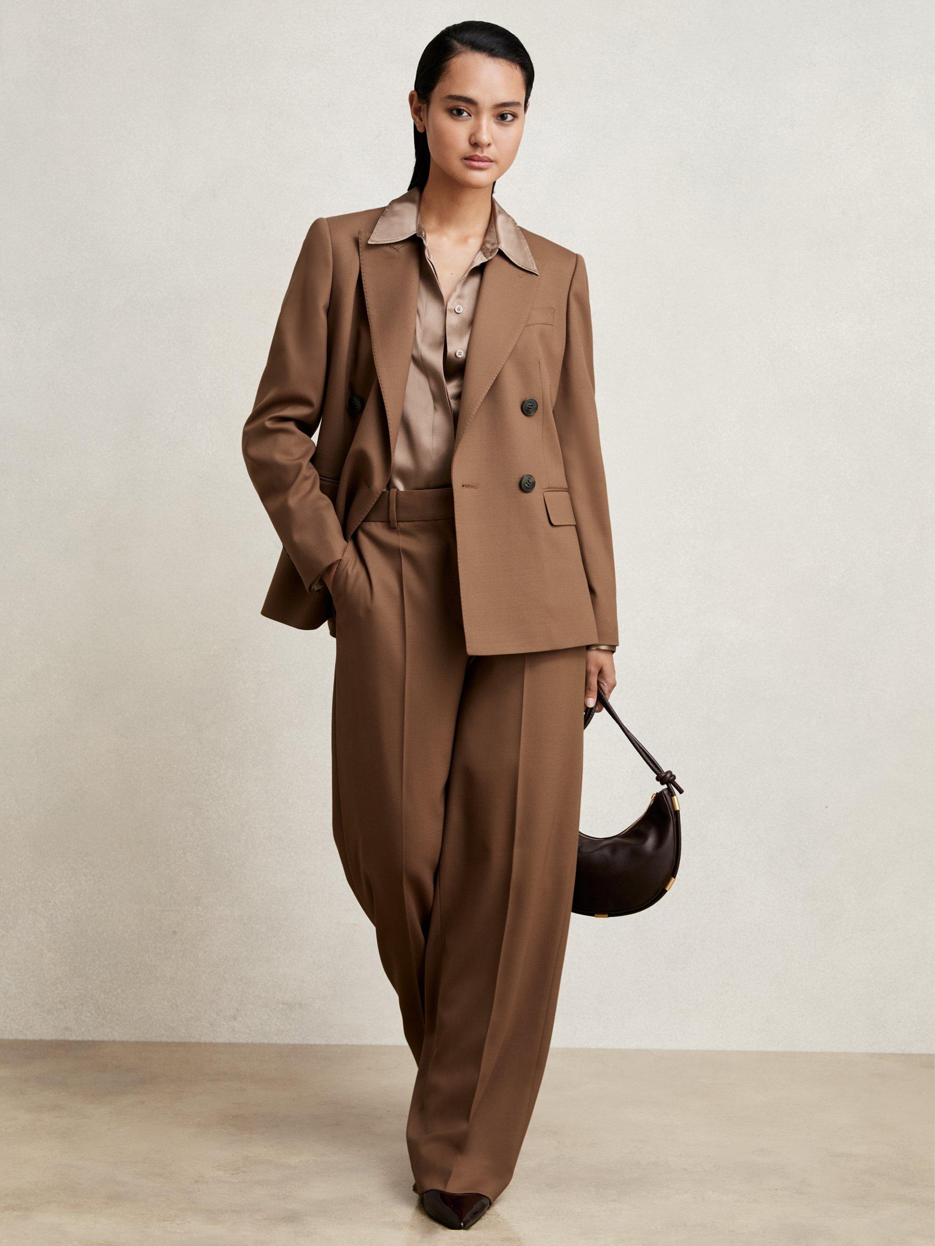 Product image 1 of 5, which shows Reiss Solene Wide Leg Mid Rise Trousers, Tan, 6R