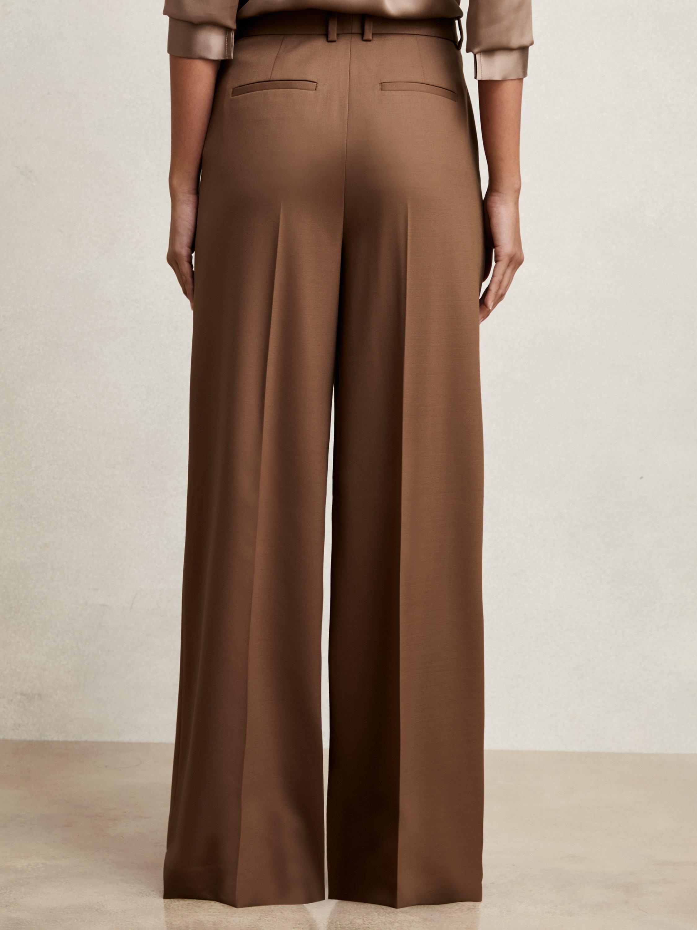 Product image 2 of 5, which shows Reiss Solene Wide Leg Mid Rise Trousers, Tan, 6R