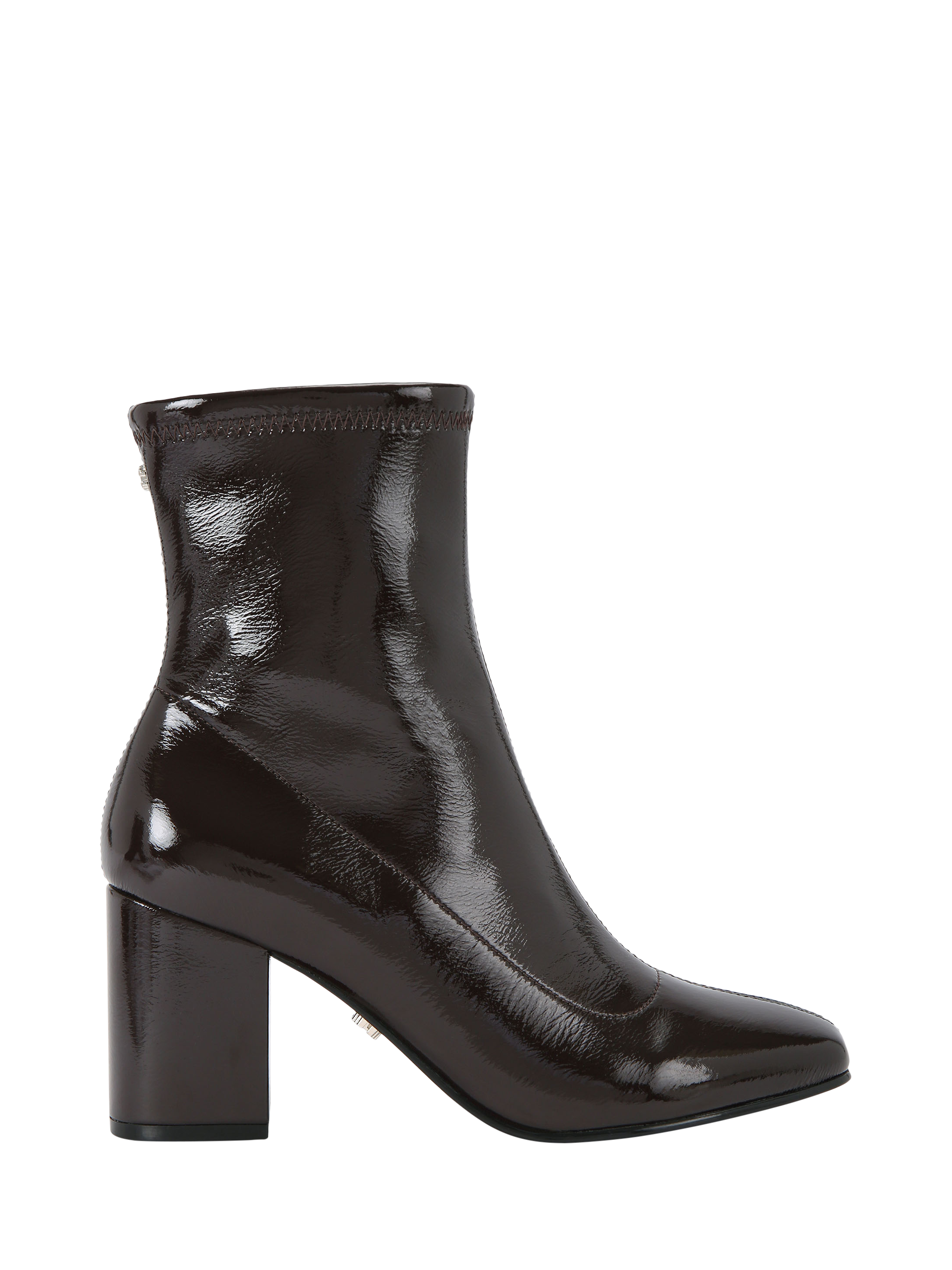 Product image 1 of 5, which shows Carvela Strut Patent Block Heel Ankle Boots, Dark Brown, 3