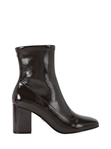 Carvela Strut Patent Block Heel Ankle Boots, Dark Brown, Dark Brown