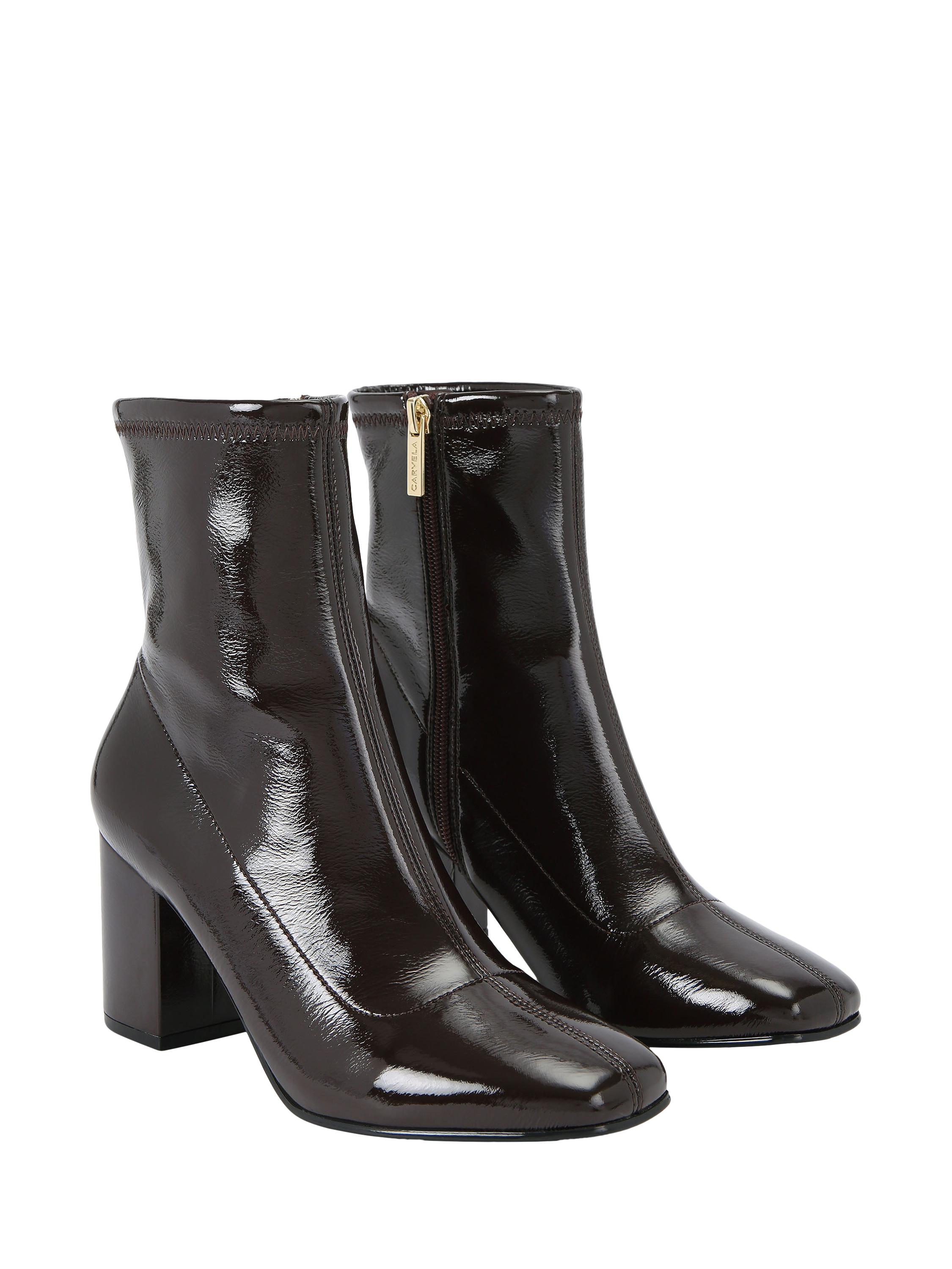 Product image 2 of 5, which shows Carvela Strut Patent Block Heel Ankle Boots, Dark Brown, 3