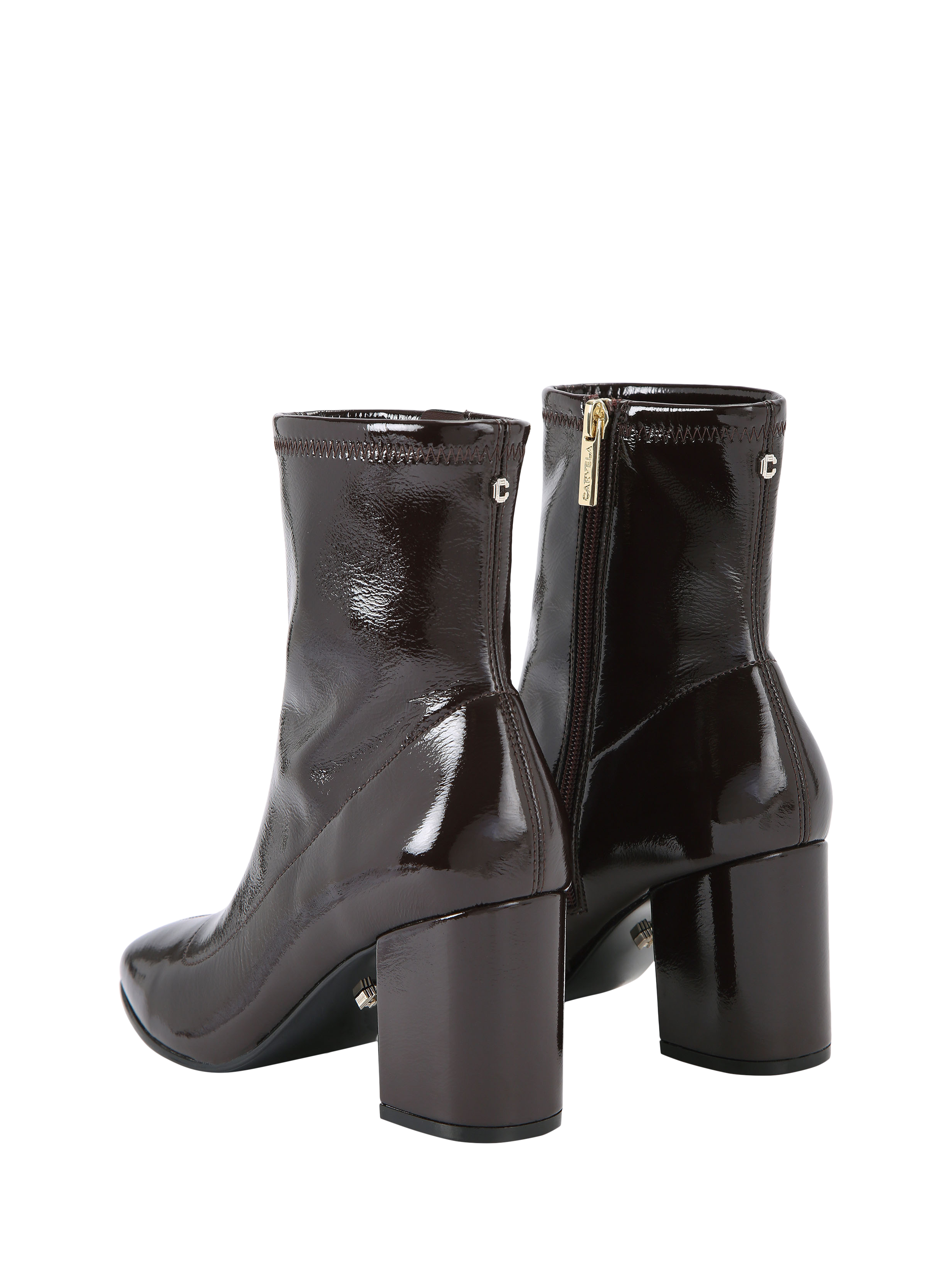 Product image 3 of 5, which shows Carvela Strut Patent Block Heel Ankle Boots, Dark Brown, 3