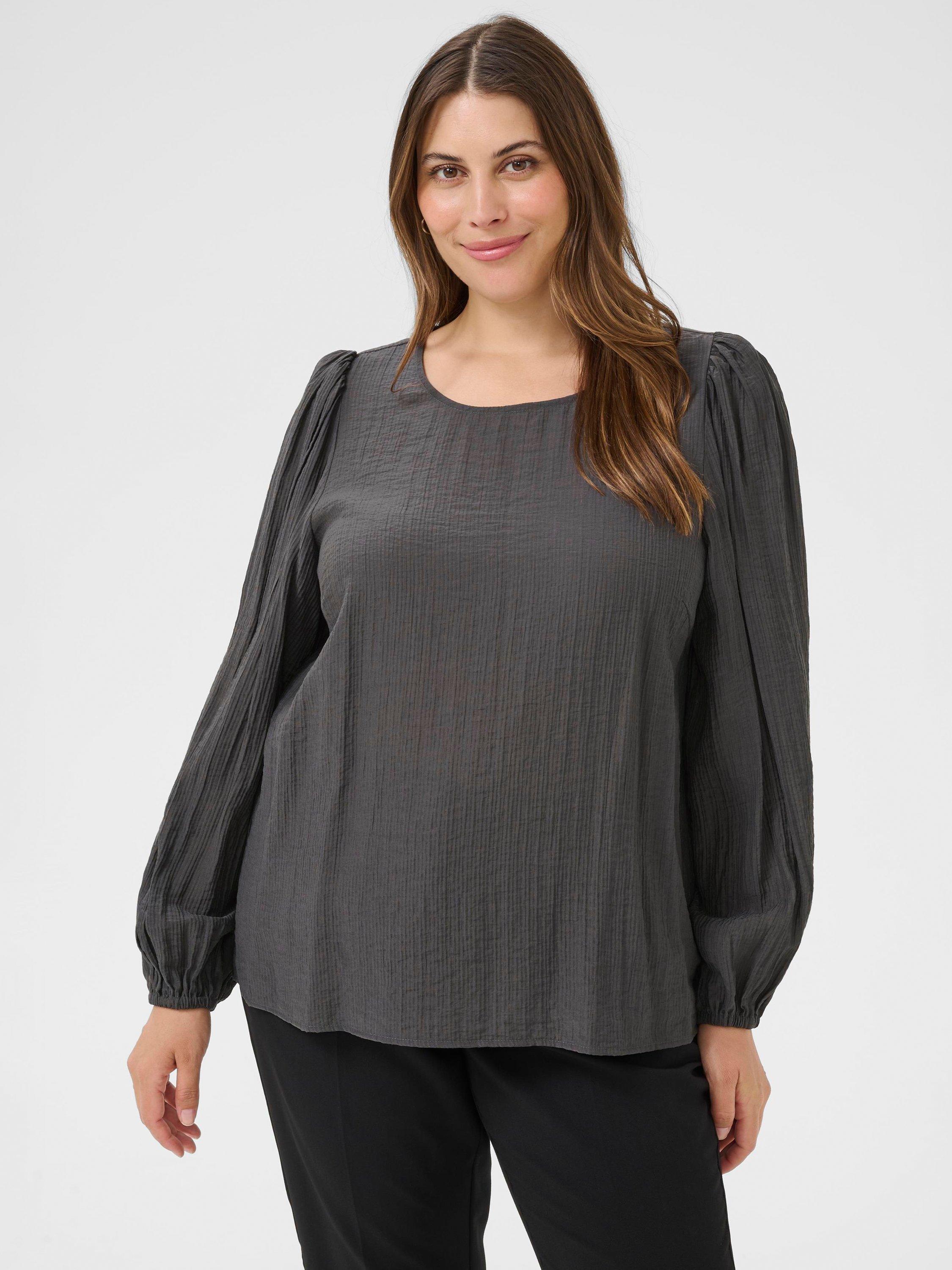 Product image 1 of 6, which shows KAFFE Curve KCviva Crinkle Long Sleeve Blouse, Mid Grey, 18