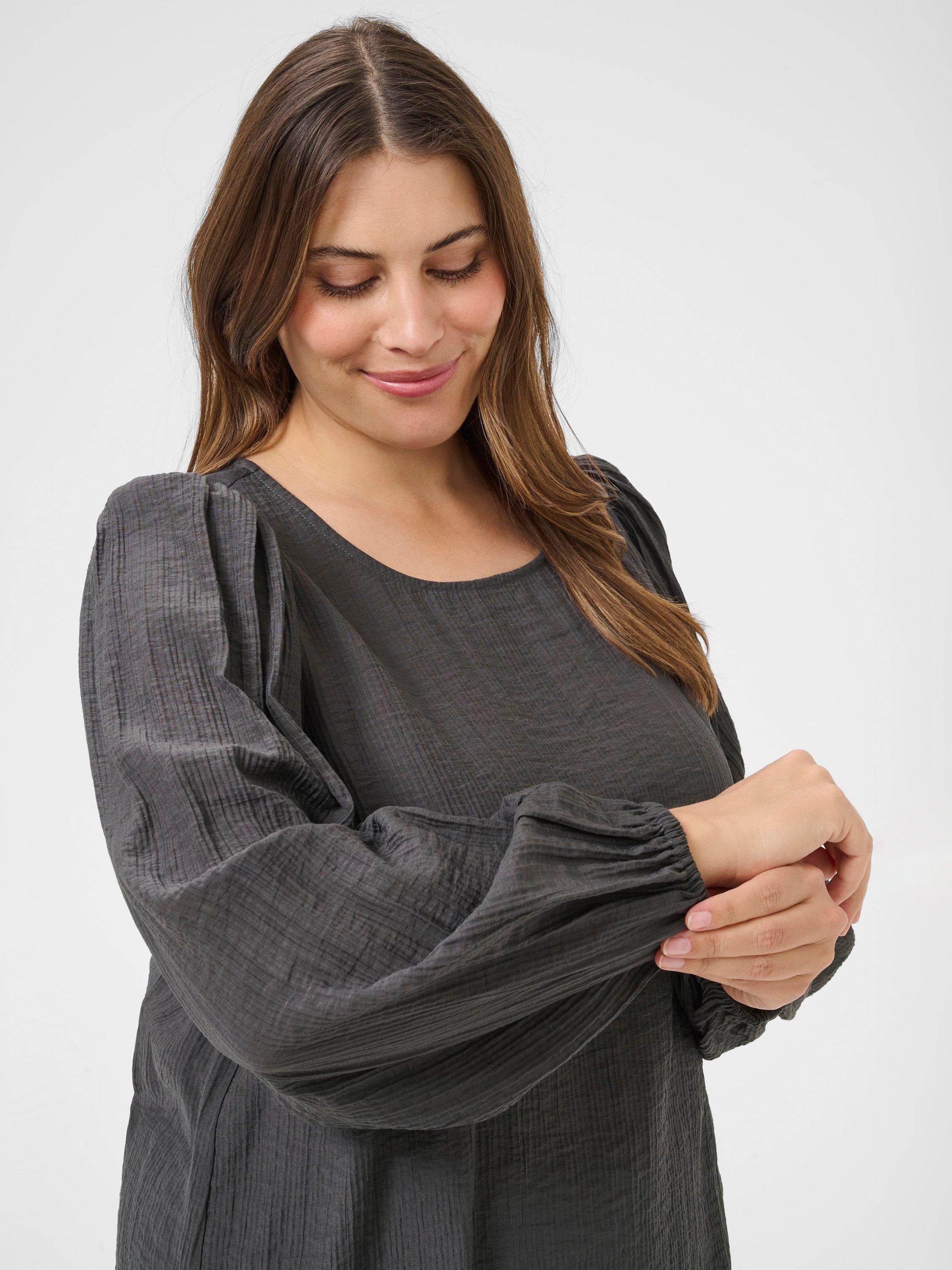 Product image 4 of 6, which shows KAFFE Curve KCviva Crinkle Long Sleeve Blouse, Mid Grey, 18