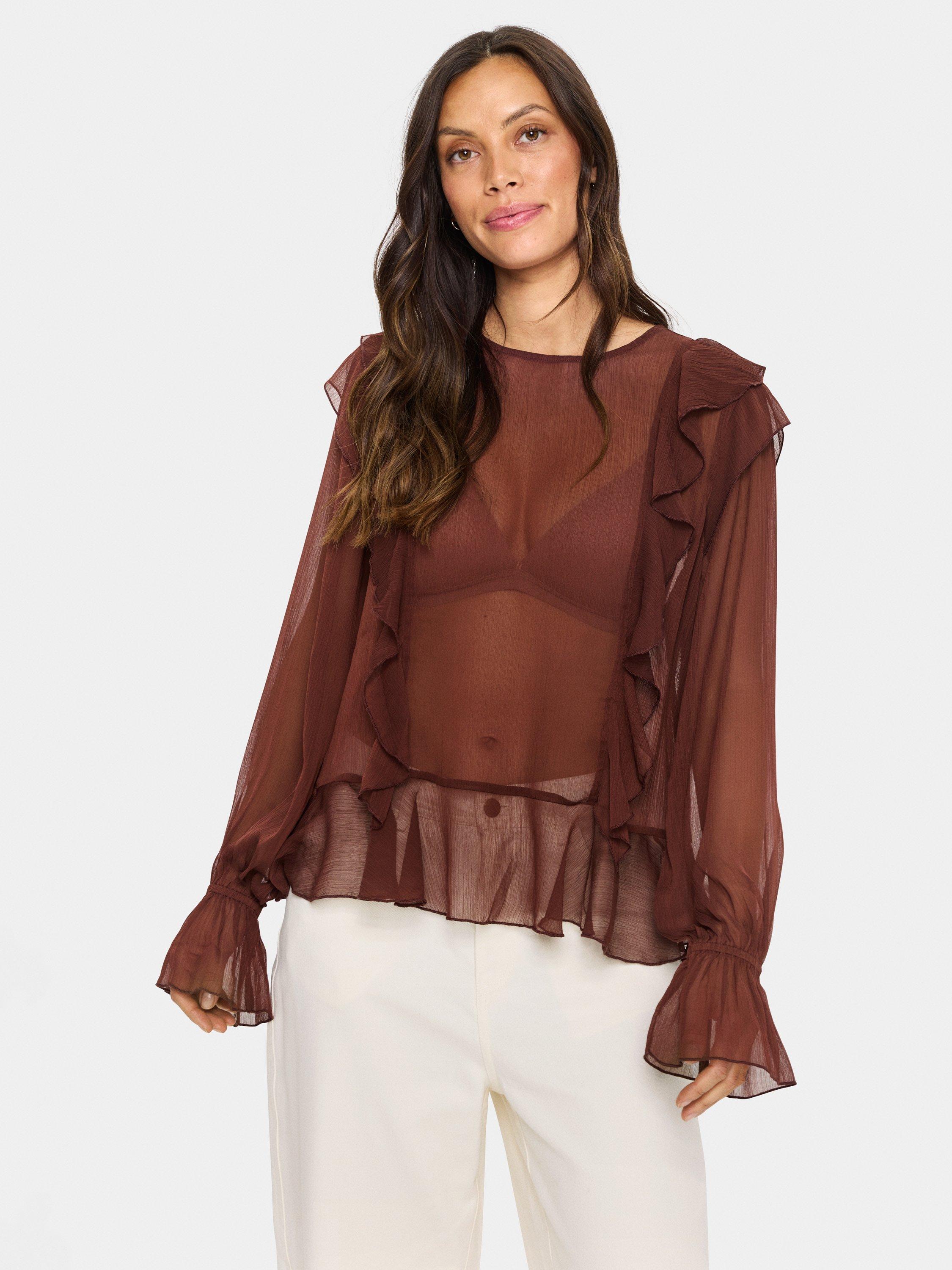 Product image 1 of 6, which shows Saint Tropez Labelle Sheer Blouse, Chocolate Fondant, XXL
